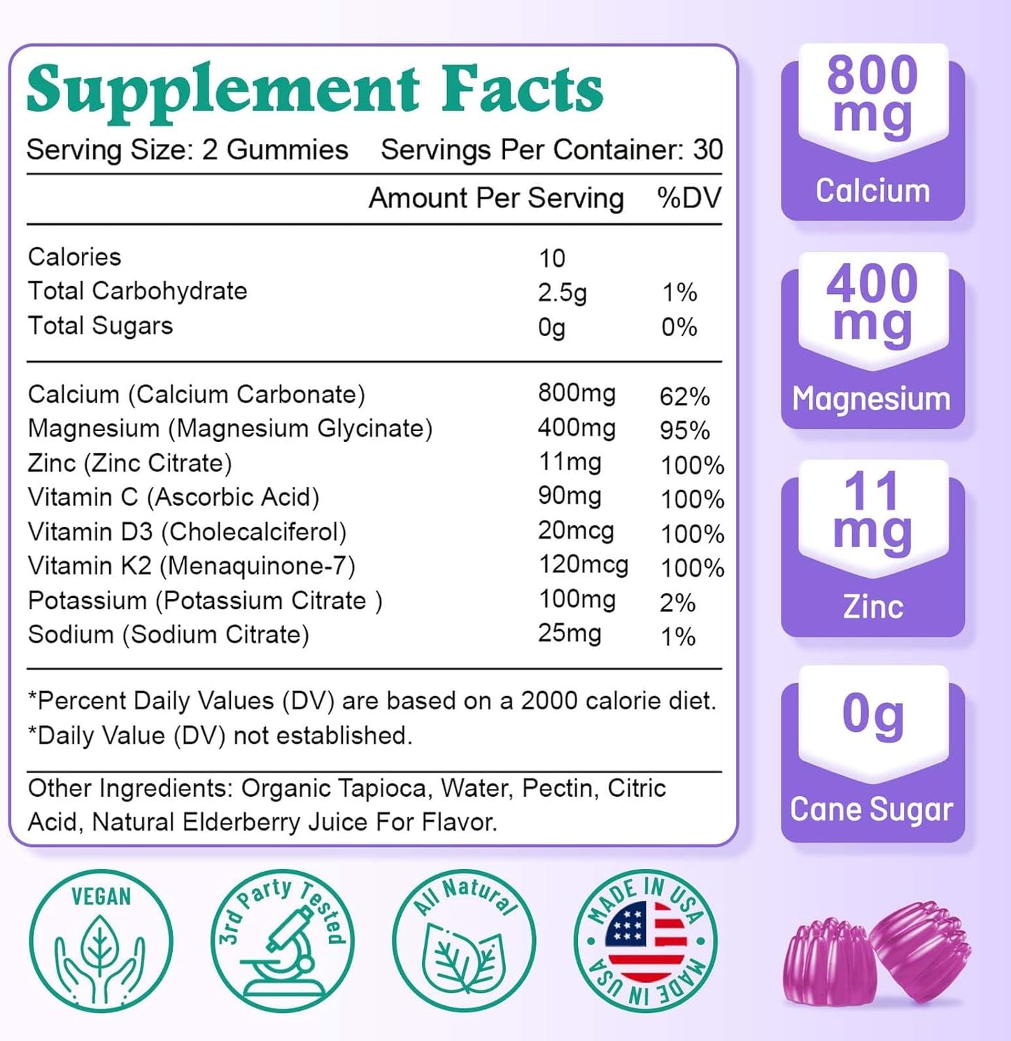 Vegan Elderberry Flavored Calcium Gummies with High Absorption, Sugar-Free Calcium Magnesium Supplement for Bone and Muscle Health - 60 Count