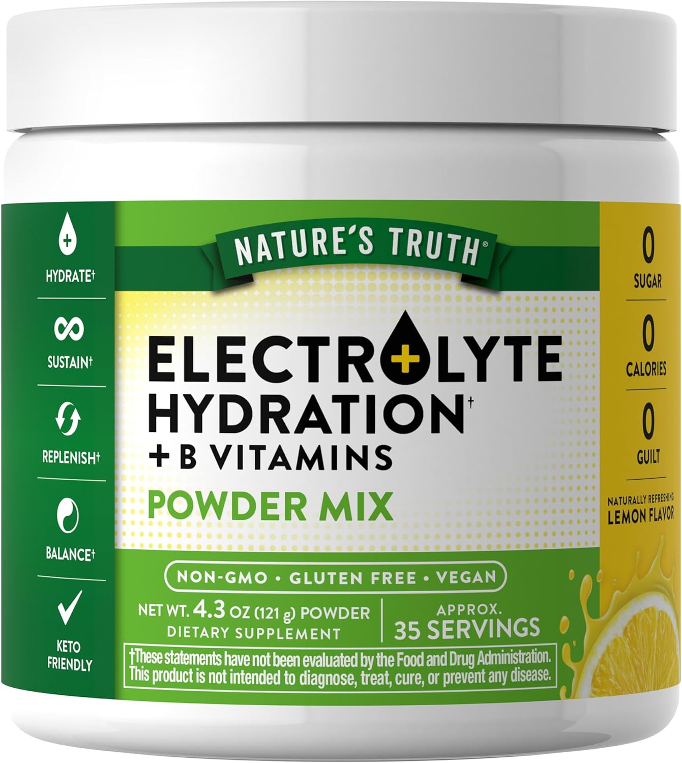 Vegan Electrolyte Powder with B Vitamins | Sugar-Free Hydration Supplement | Lemon Flavor | Non-GMO & Gluten-Free