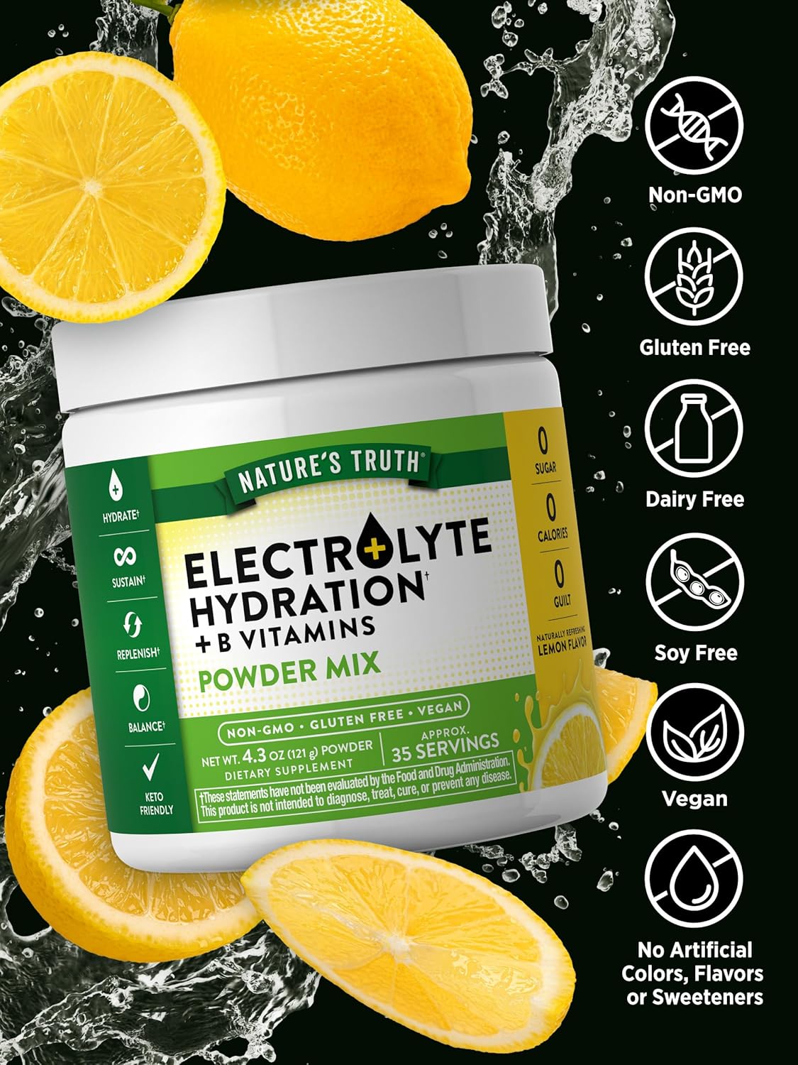 Vegan Electrolyte Powder with B Vitamins | Sugar-Free Hydration Supplement | Lemon Flavor | Non-GMO & Gluten-Free