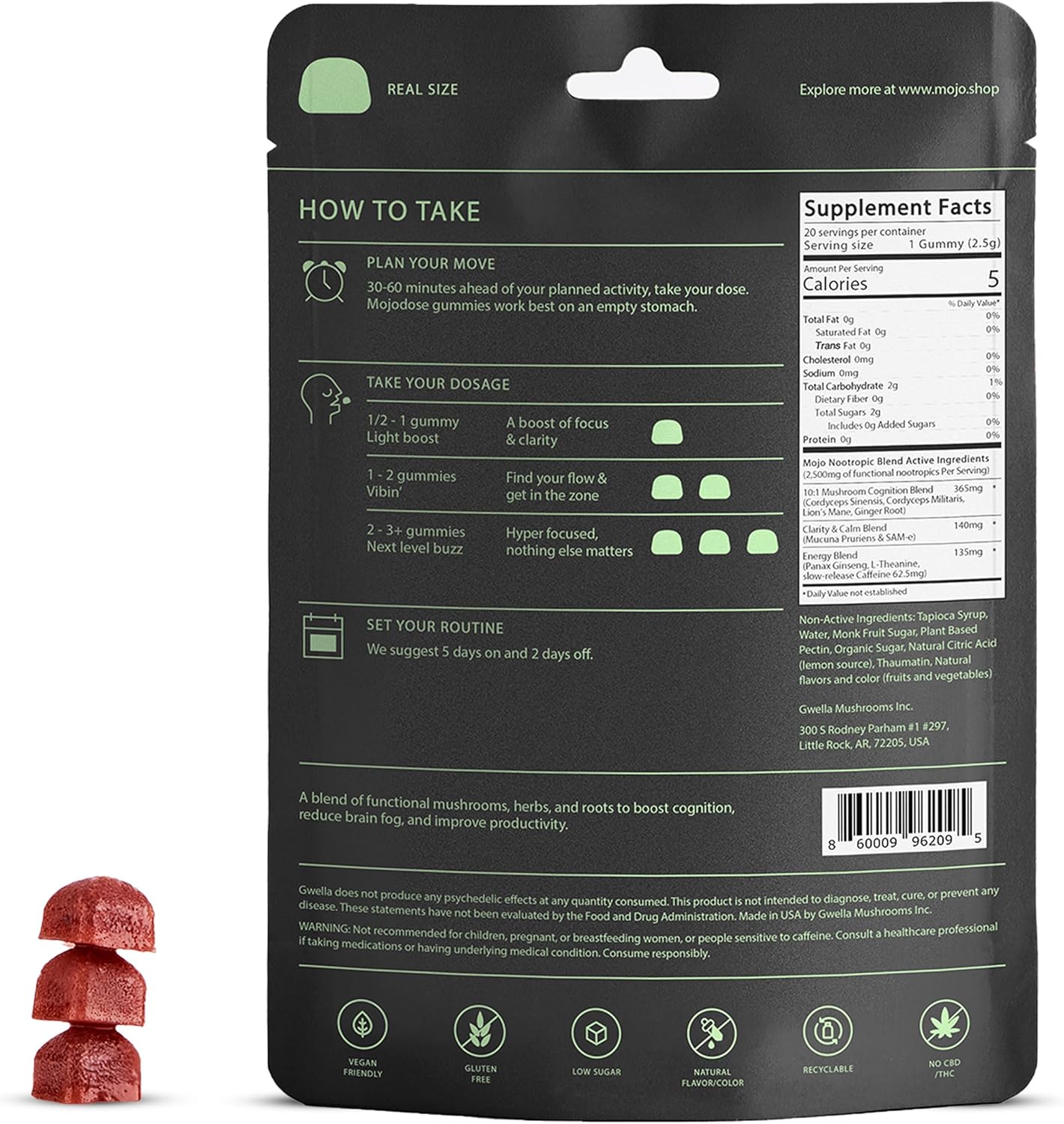 Vegan Energy and Focus Gummies with Lion’s Mane, Panax Ginseng, Ginger Root, Cordyceps, SAM-e, Nootropics - Strawberry Tangerine Flavor - 20 Count x 3 Pack