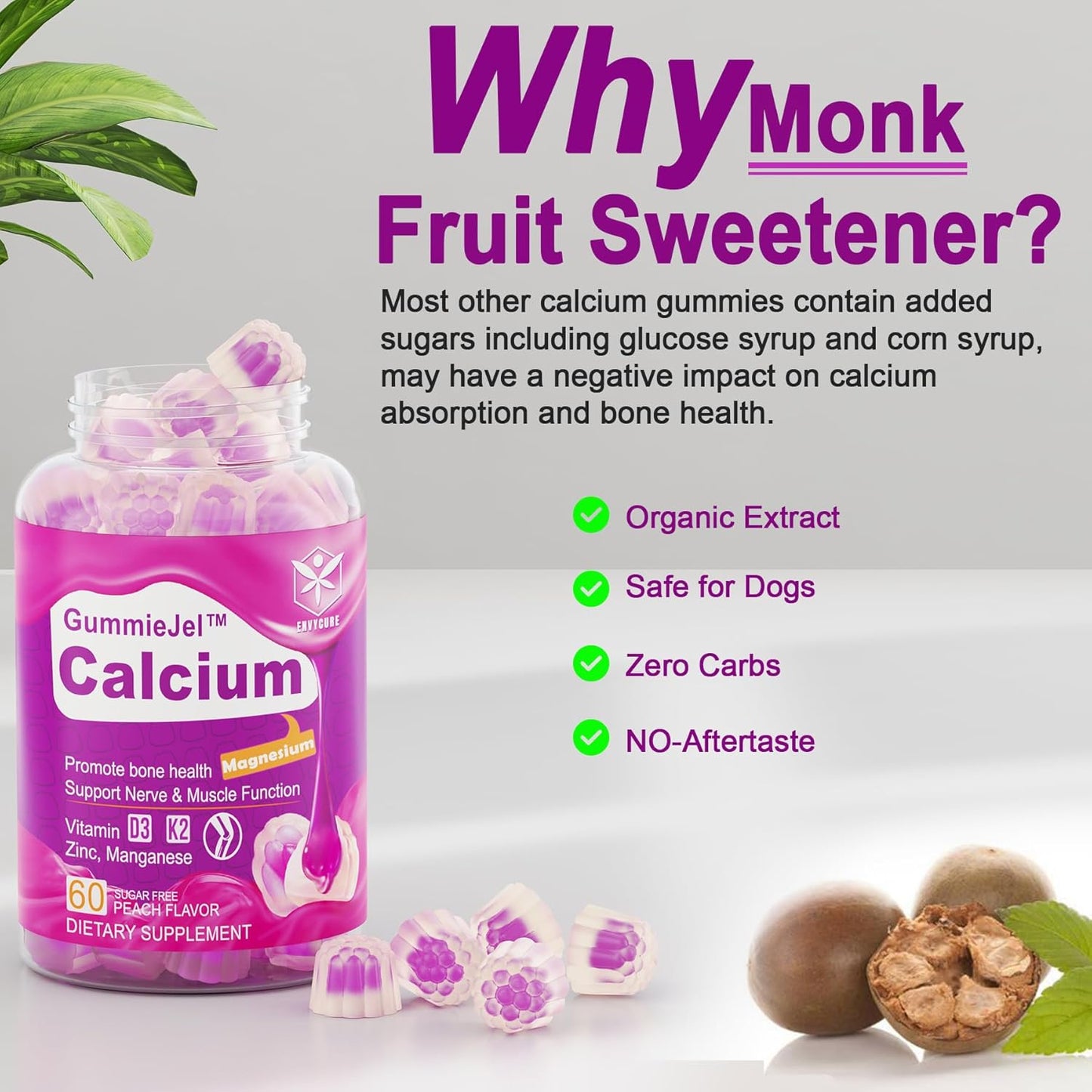 Vegan EnvyCure Sugar-Free Calcium Citrate Gummies 1000mg with Vitamin D3 K2, Magnesium, Zinc, Boron, Manganese, Copper - 120 Count, Ultimate Absorption Calcium Supplement for Bone, Muscle, and Immune Support