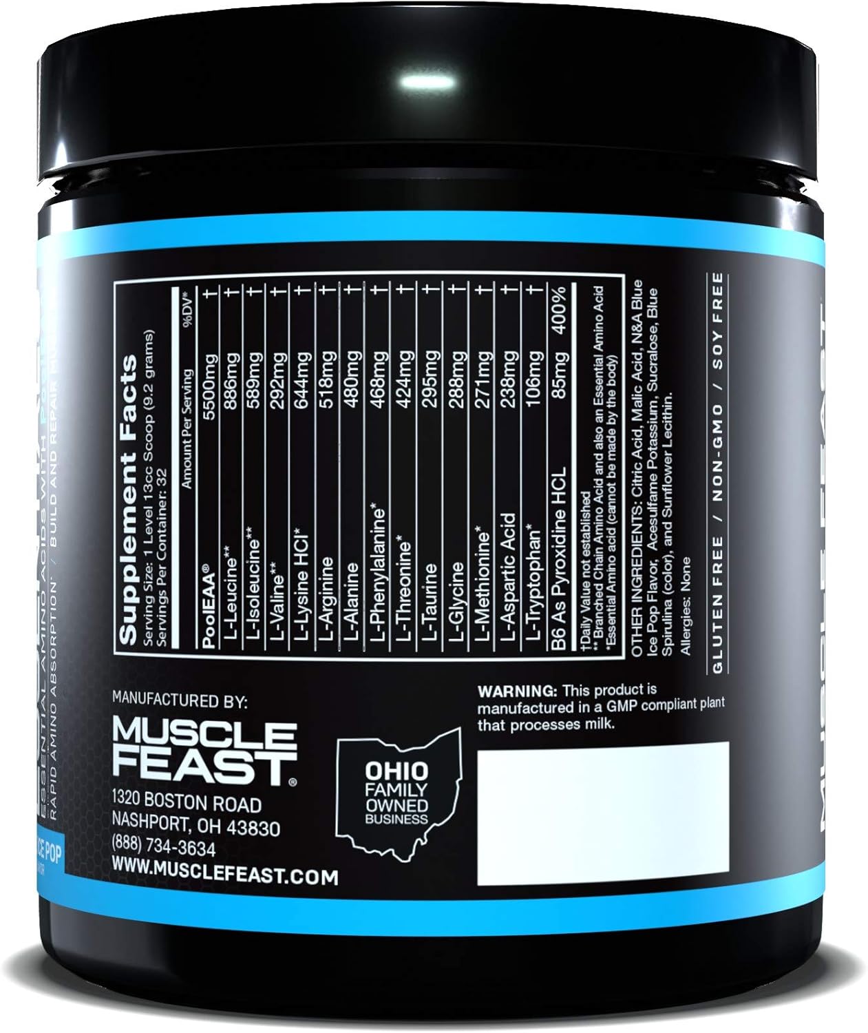 Vegan Essential Amino Acid Powder for Post Workout Recovery - Blue Ice Pop Flavor, 300g