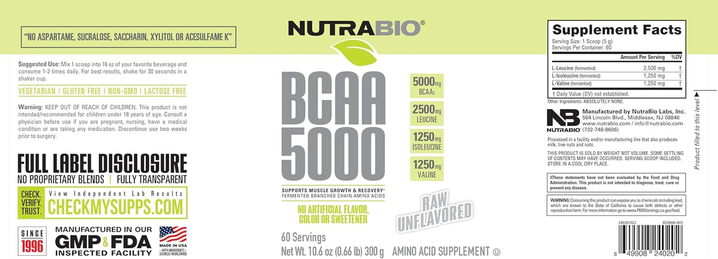 Vegan Fermented BCAA 5000 Powder for Muscle Growth & Recovery - Natural Flavors, Sweeteners, Gluten Free - Unflavored, 60 Servings