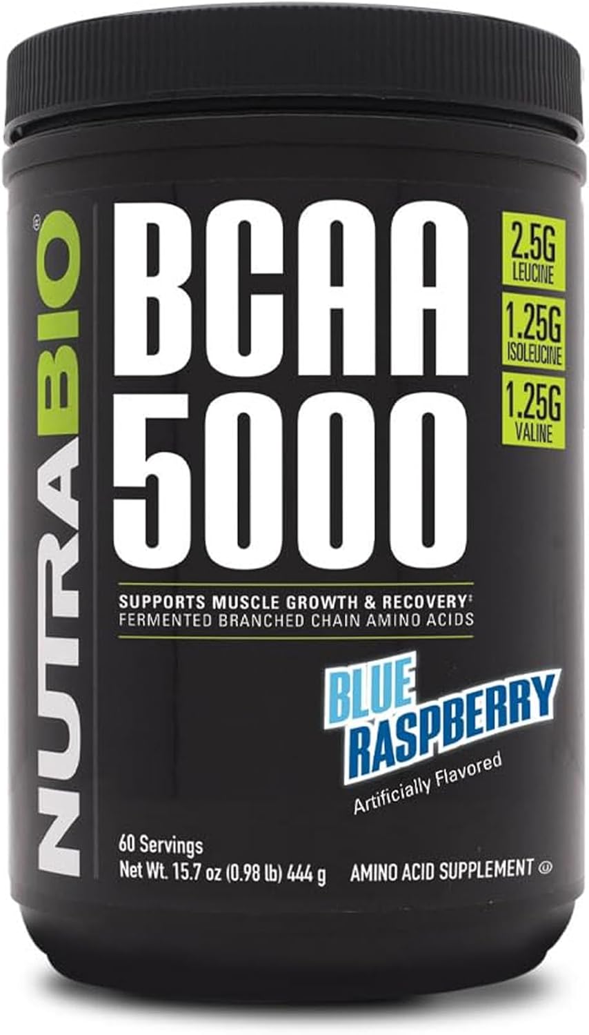 Vegan Fermented BCAA Powder for Lean Muscle Growth & Recovery - NutraBio Blue Raspberry - 60 Servings