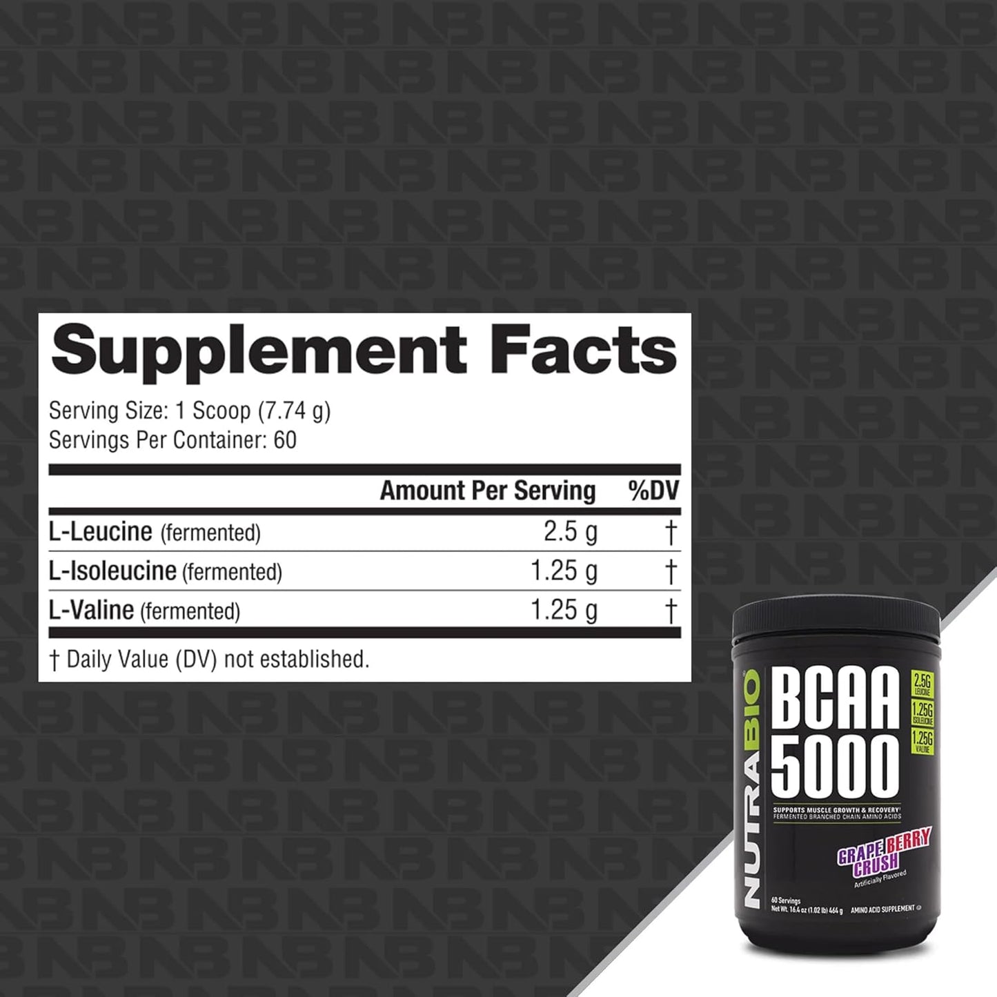 Vegan Fermented BCAA Powder for Lean Muscle Growth and Recovery - NutraBio BCAA 5000 - Grape Berry Crush - 60 Servings