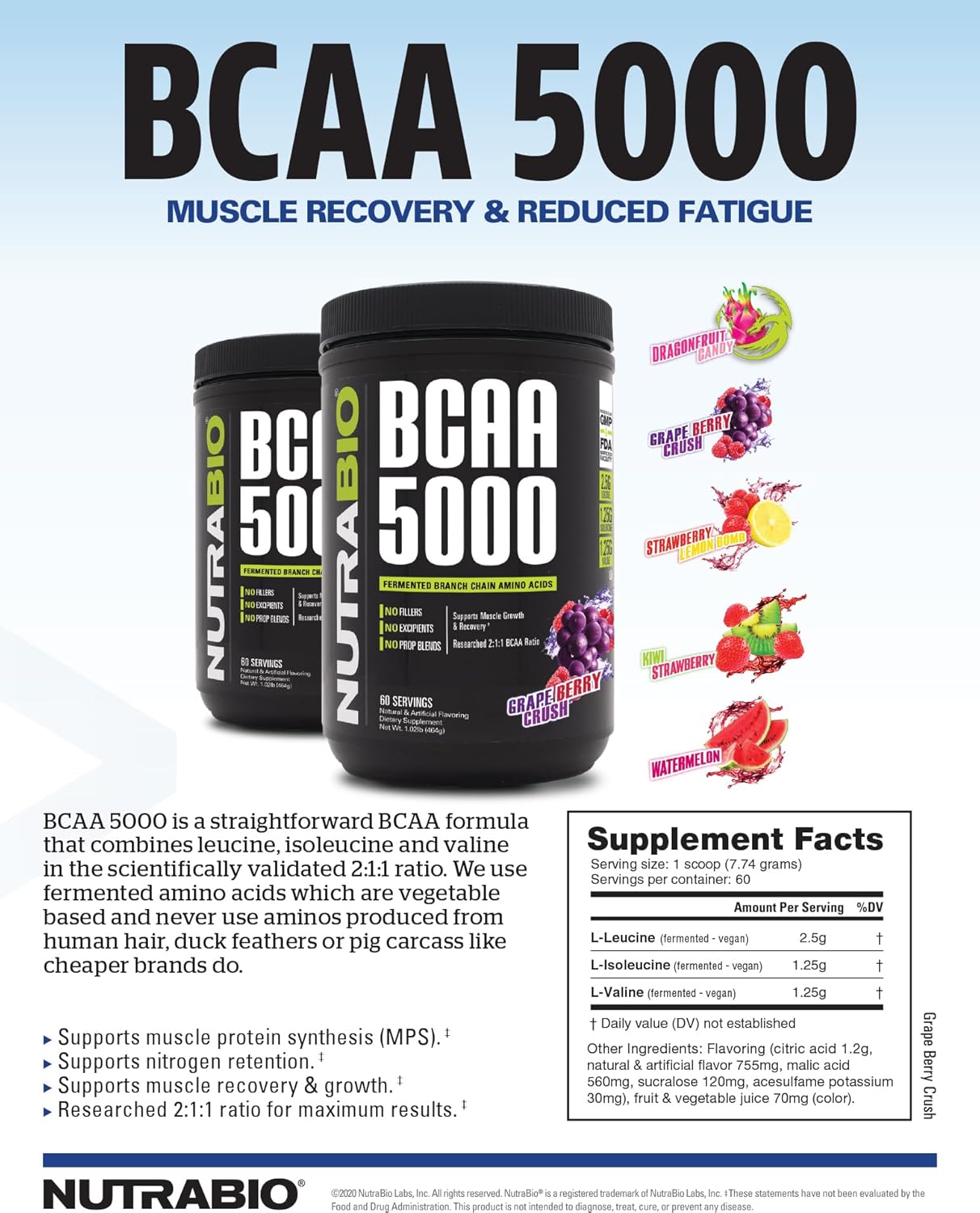 Vegan Fermented BCAA Powder for Lean Muscle Growth and Recovery - NutraBio BCAA 5000 - Grape Berry Crush - 60 Servings