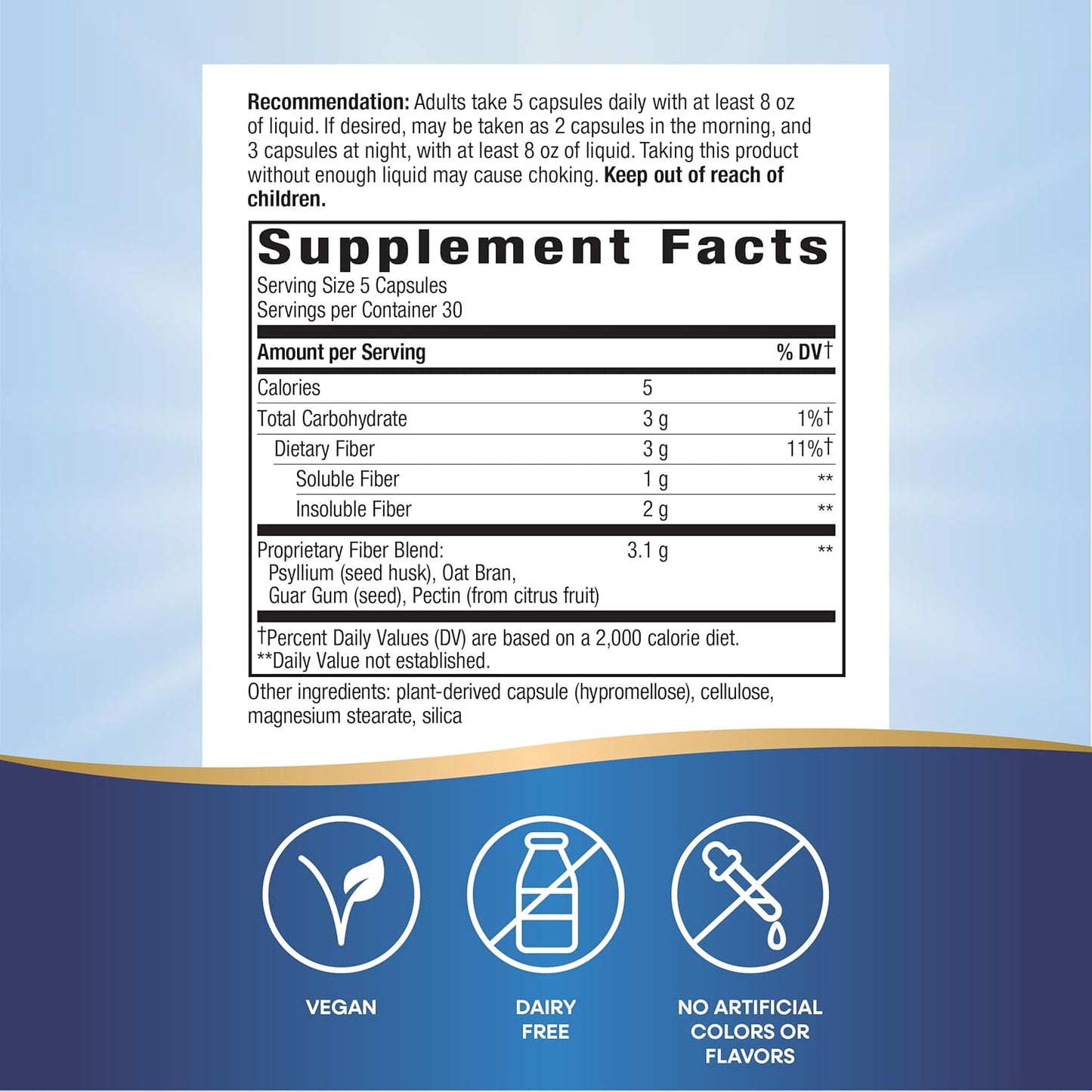 Vegan Fiber Fusion Daily Capsules for Digestive Health Support, with Psyllium Husk, Oat Bran, Guar Gum, and Pectin - 150 Count