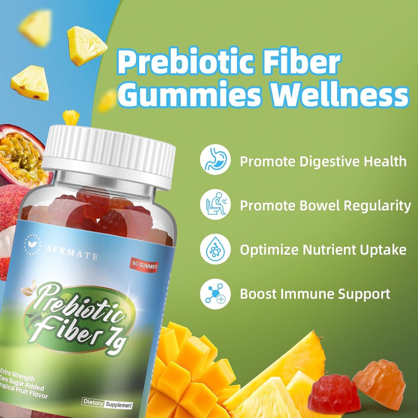 Vegan Fiber Gummies for Adults - 7g Fiber, Sugar-Free, Gluten-Free - Digestive Health and Regularity Support - 120 Count