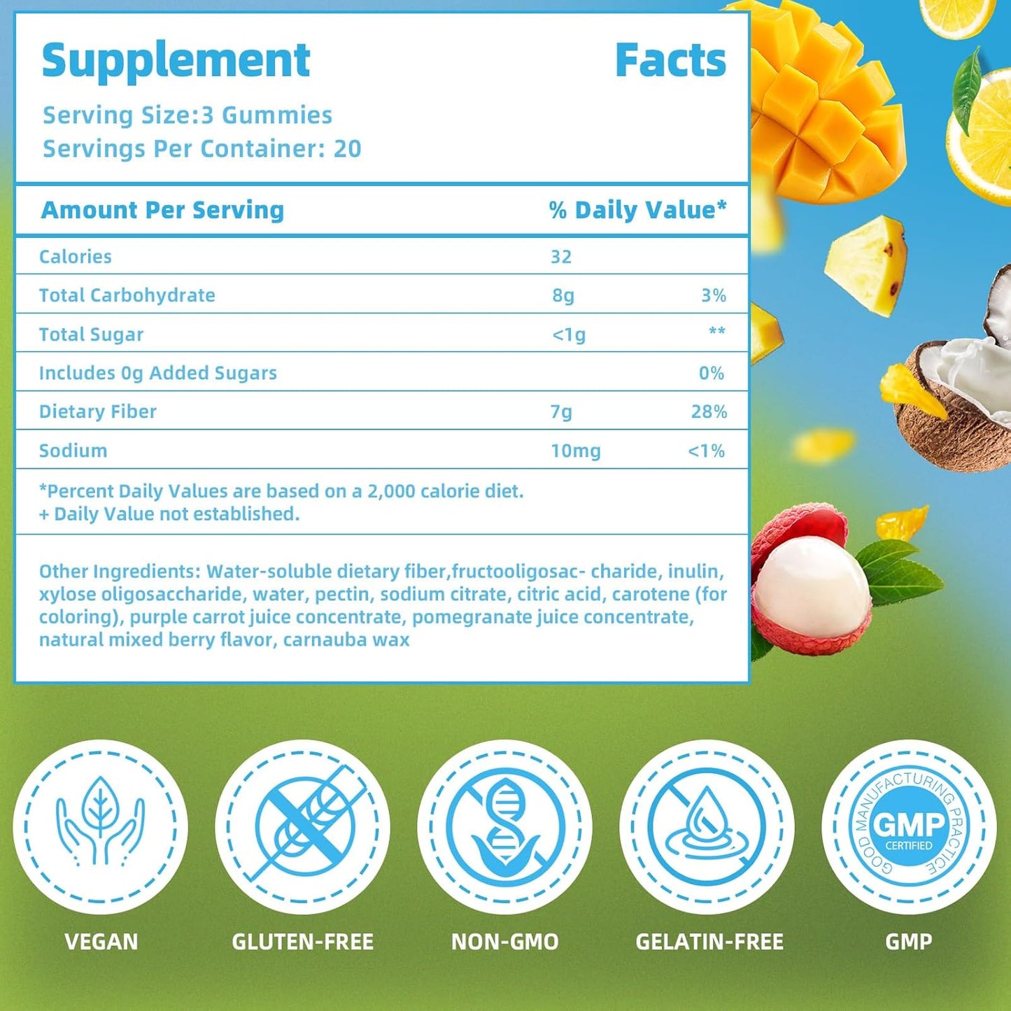 Vegan Fiber Gummies for Adults - 7g Fiber, Sugar-Free, Gluten-Free - Digestive Health and Regularity Support - 120 Count