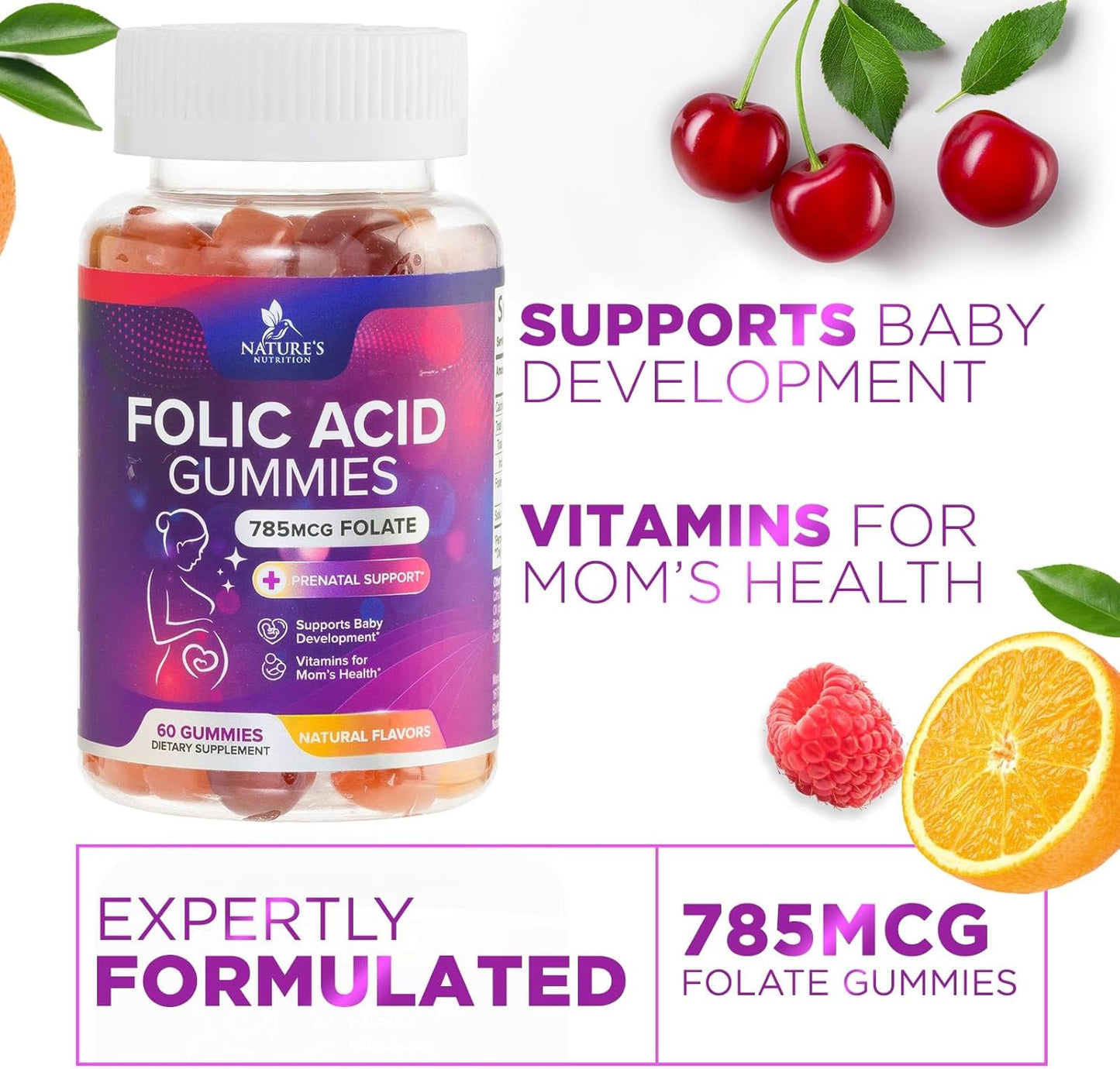 Vegan Folic Acid Gummies for Women 785 mcg - Essential Prenatal Vitamins - Vitamin B9 Supplement for Mom & Baby - Before, During and After Pregnancy - 60 Gummies