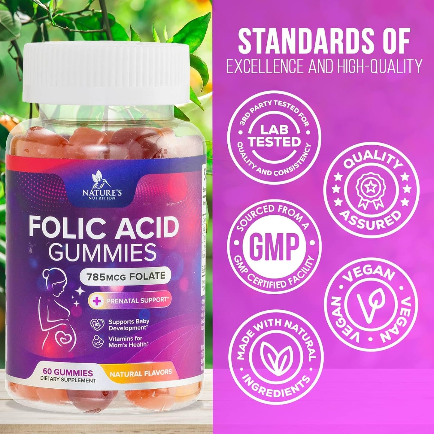 Vegan Folic Acid Gummies for Women 785 mcg - Essential Prenatal Vitamins - Vitamin B9 Supplement for Mom & Baby - Before, During and After Pregnancy - 60 Gummies
