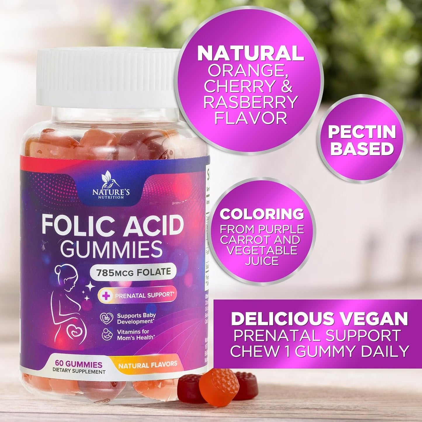 Vegan Folic Acid Gummies for Women 785 mcg - Essential Prenatal Vitamins - Vitamin B9 Supplement for Mom & Baby - Before, During and After Pregnancy - 60 Gummies