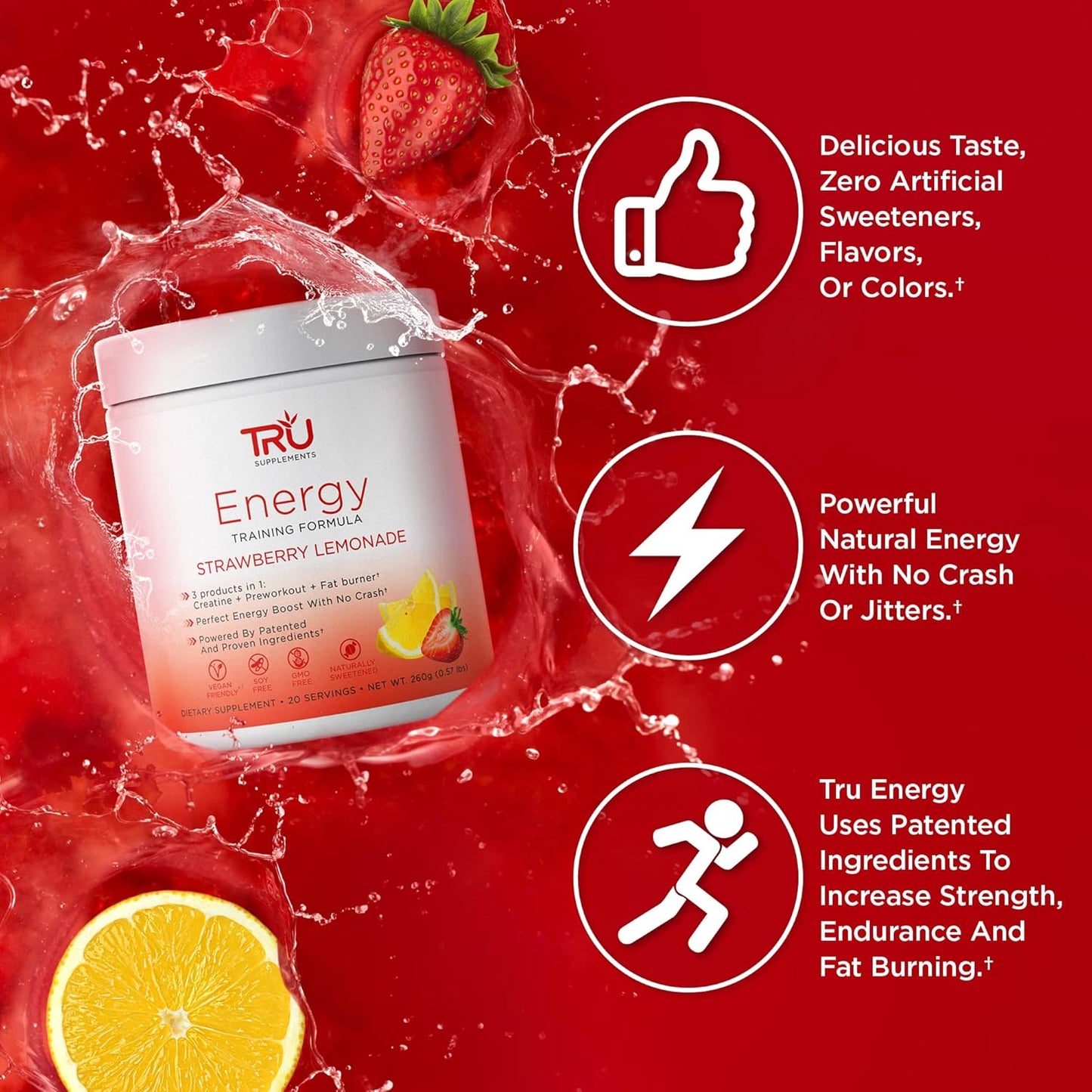 Vegan-Friendly Energy Pre-Workout Formula for Improved Performance - Strawberry Lemonade Flavor - 20 Servings