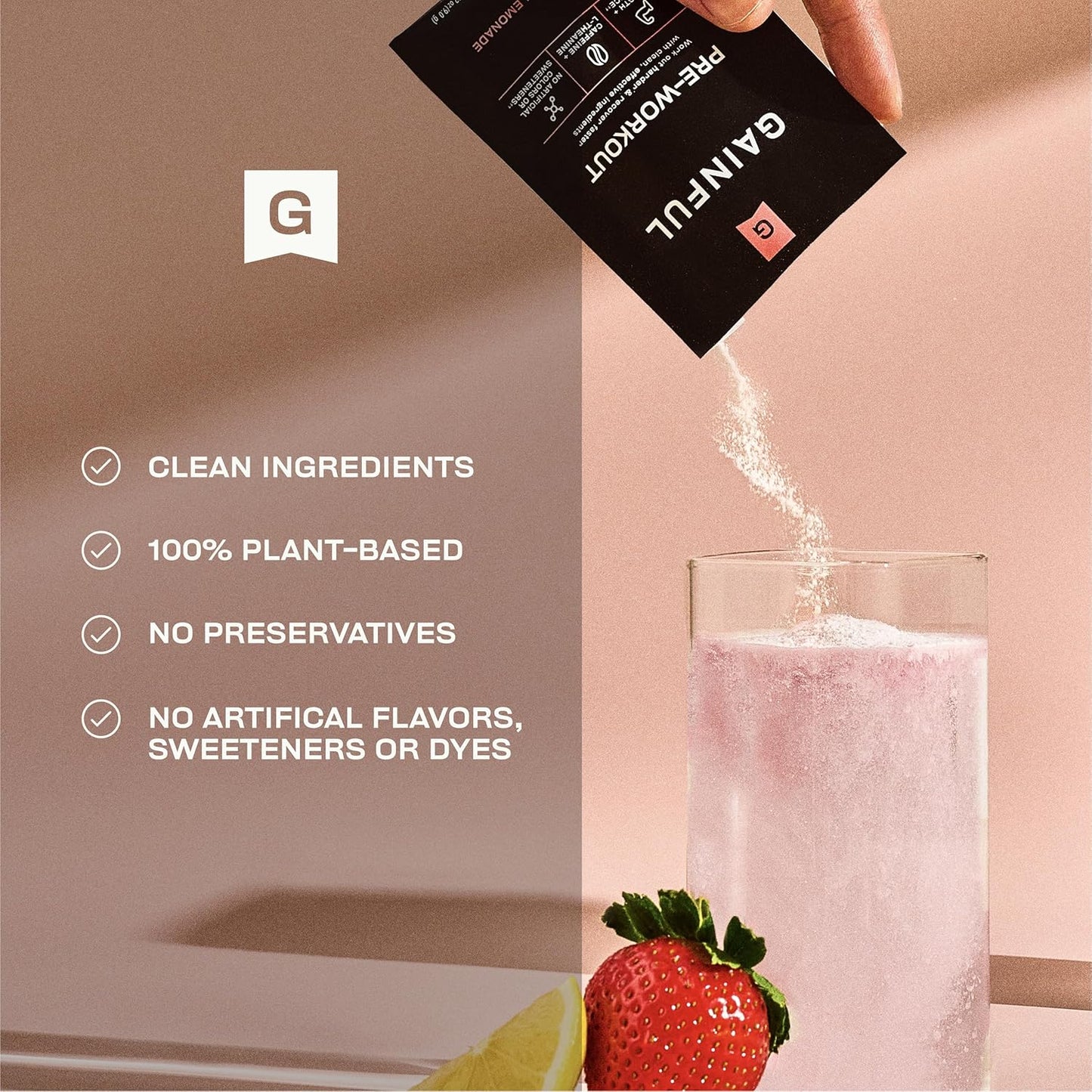 Vegan Gainful Pre Workout Powder for Energy, Focus, Endurance, and Recovery - Strawberry Lemonade, 10 Ct
