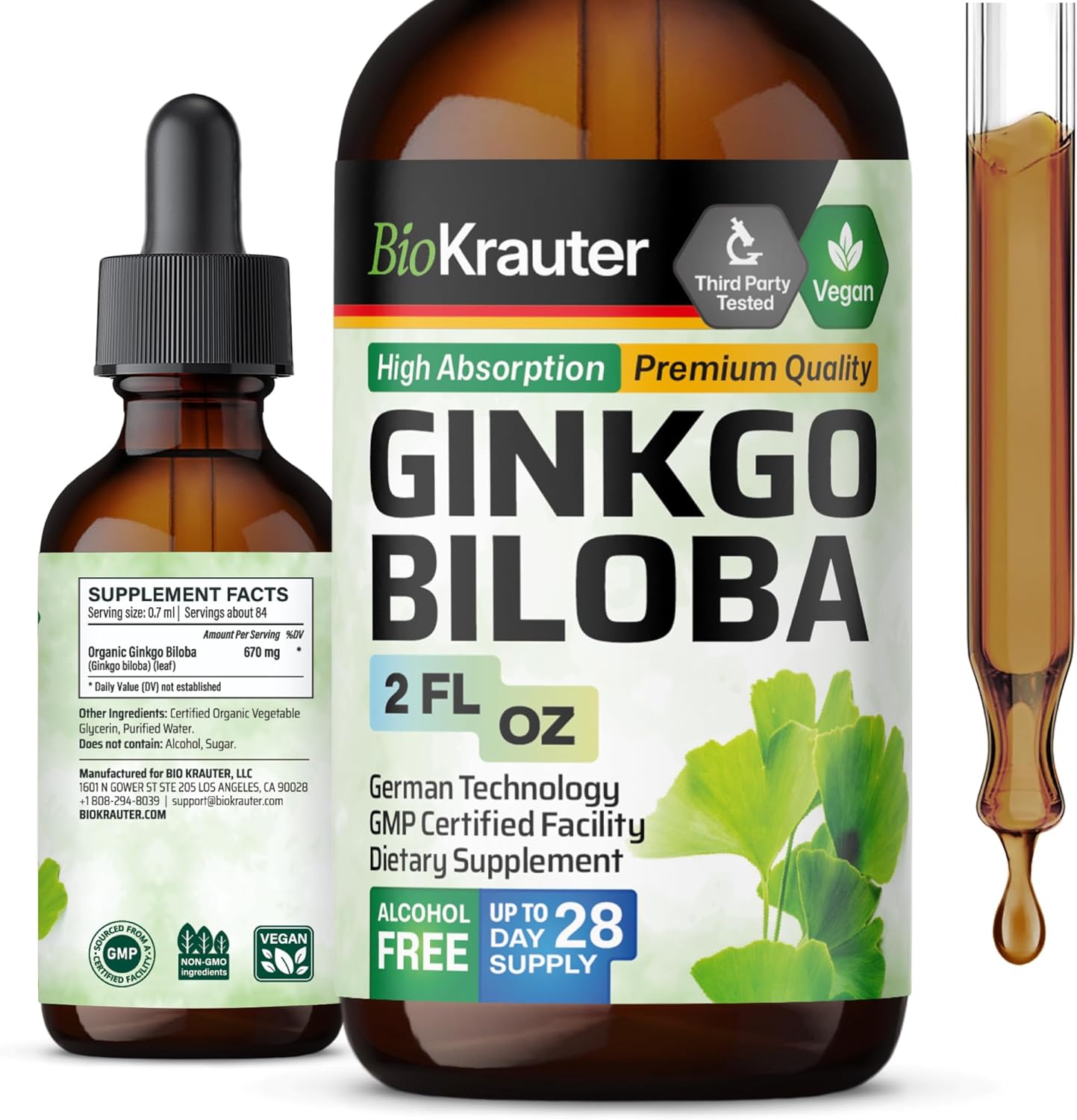 Vegan Ginkgo Biloba Extract Liquid Supplement - Alcohol & Sugar Free - 2 Fl Oz