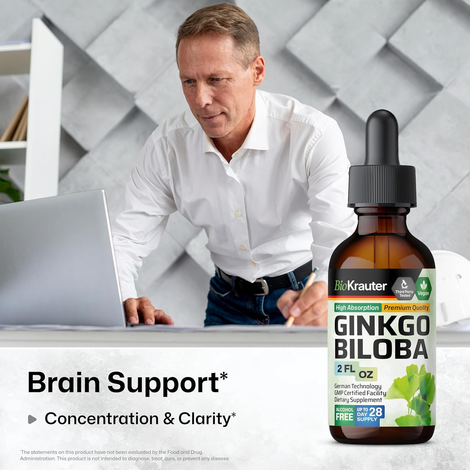 Vegan Ginkgo Biloba Extract Liquid Supplement - Alcohol & Sugar Free - 2 Fl Oz