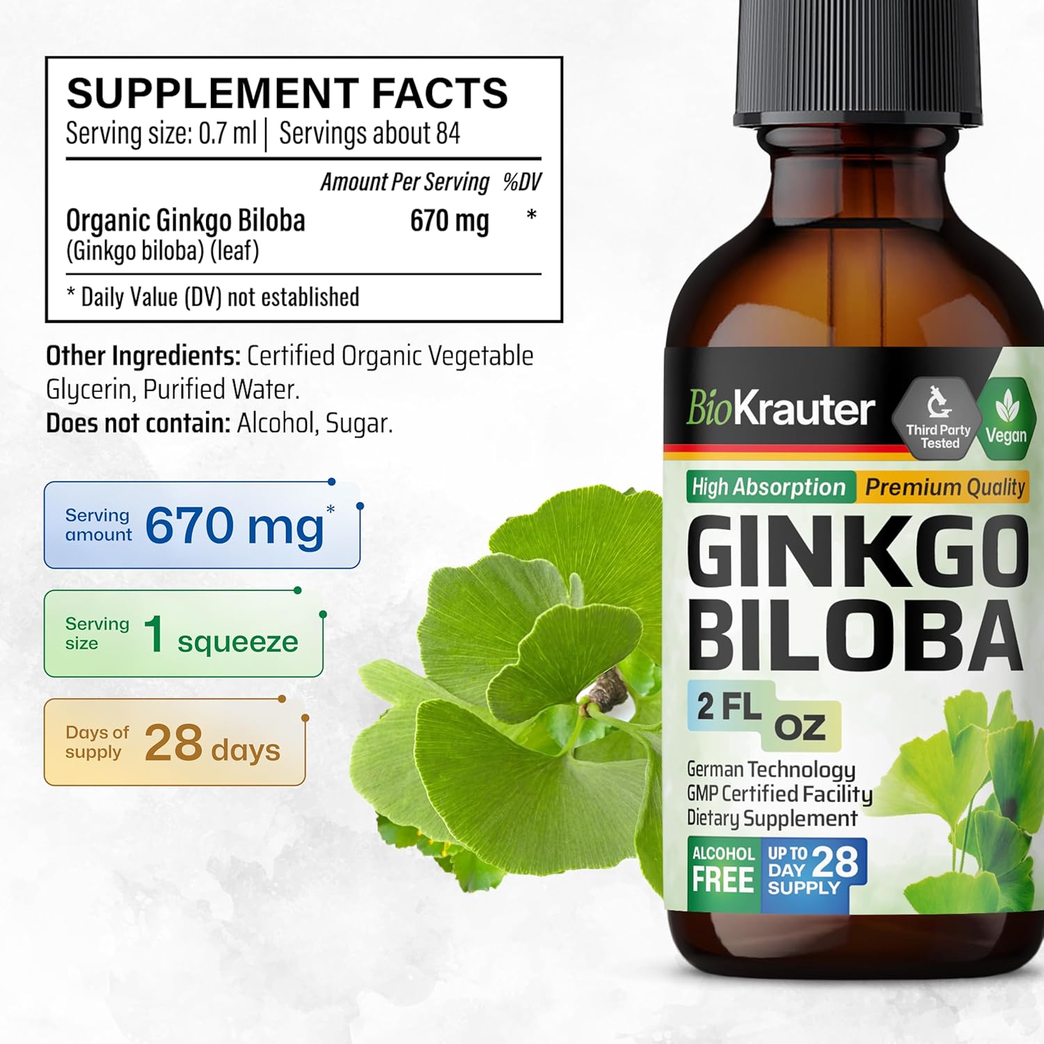 Vegan Ginkgo Biloba Extract Liquid Supplement - Alcohol & Sugar Free - 2 Fl Oz