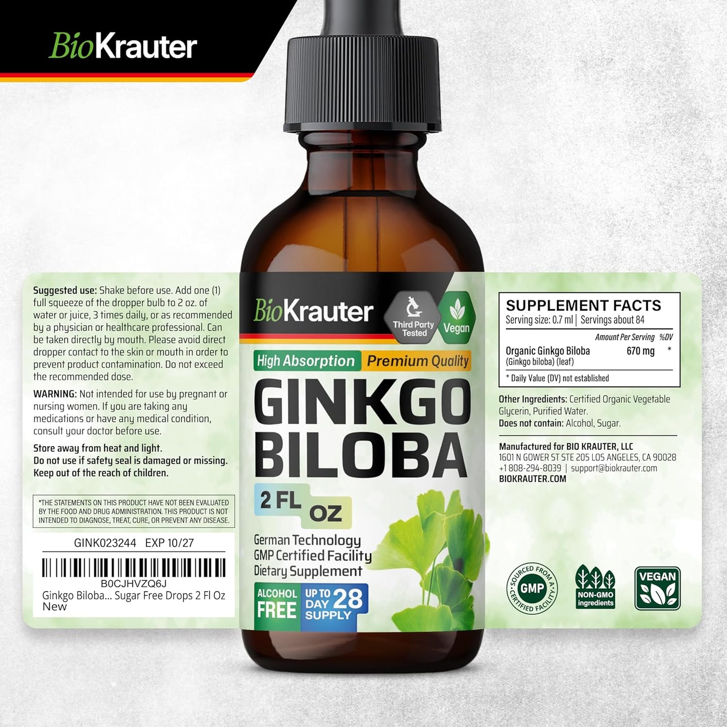 Vegan Ginkgo Biloba Extract Liquid Supplement - Alcohol & Sugar Free - 2 Fl Oz