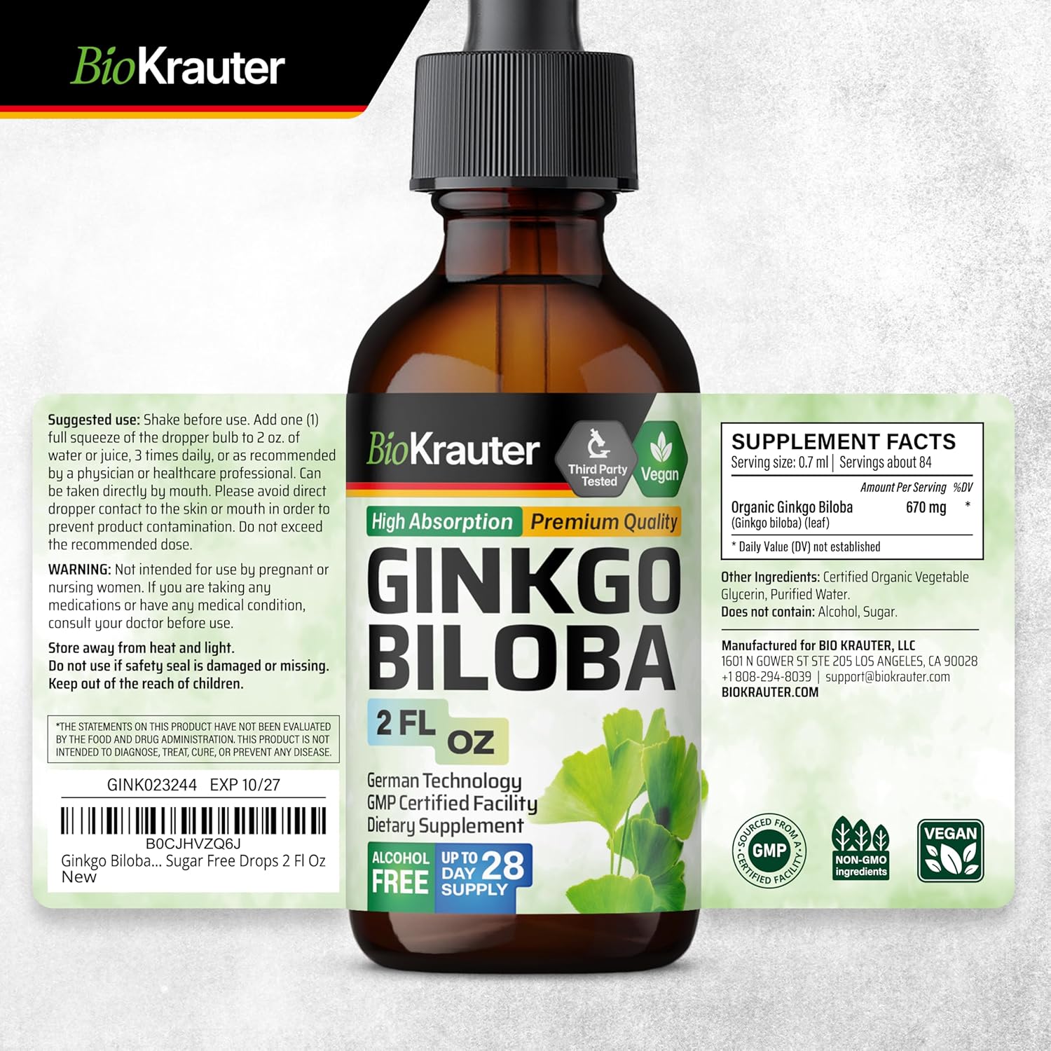 Vegan Ginkgo Biloba Extract Liquid Supplement - Alcohol & Sugar Free - 2 Fl Oz