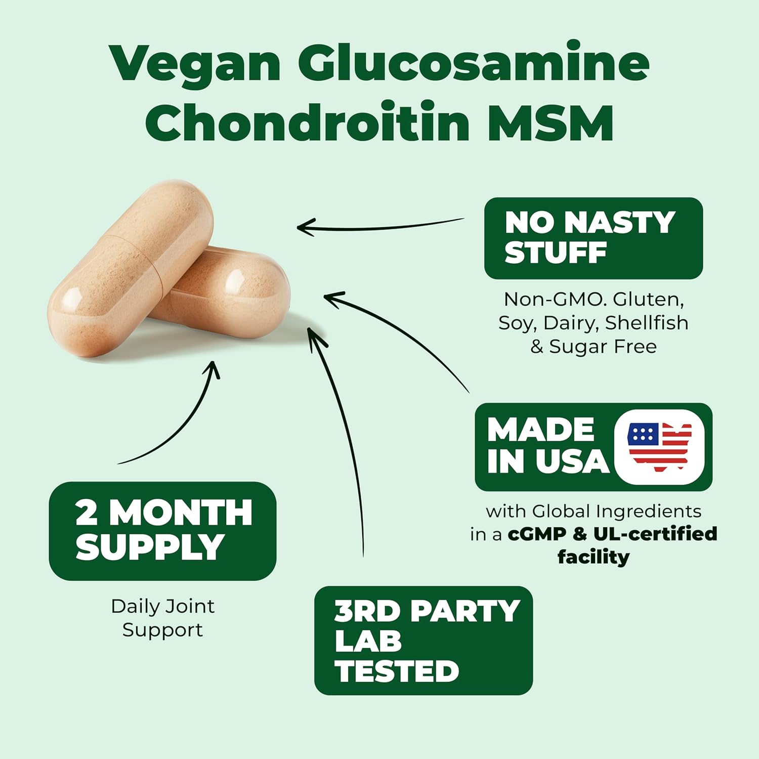 Vegan Glucosamine Chondroitin MSM Supplement with Burdock - Joint Support for Women & Men - Cartilage & Joint Health - 2 Pack