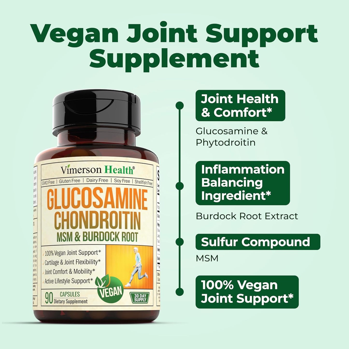 Vegan Glucosamine Chondroitin MSM Supplement with Burdock - Joint Support for Women & Men - Cartilage & Joint Health - 2 Pack