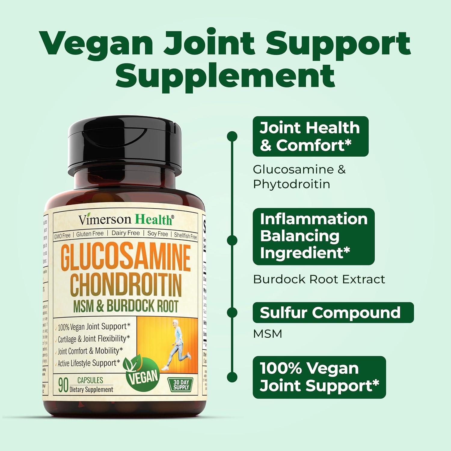 Vegan Glucosamine Chondroitin MSM Supplement with Burdock - Joint Support for Women & Men - Cartilage & Joint Health - 2 Pack