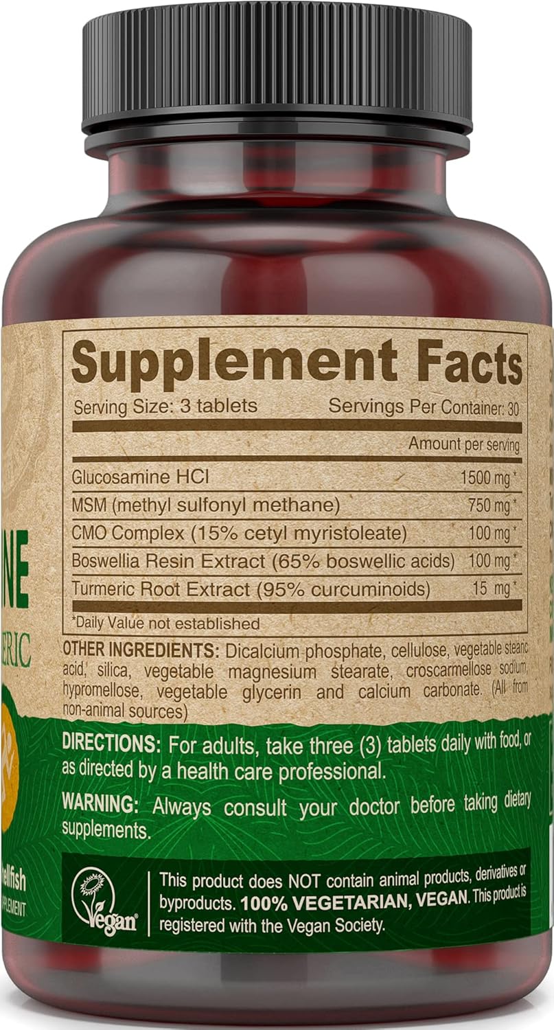 Vegan Glucosamine MSM & CMO with Turmeric and Boswellia Extracts - 90 Tablets