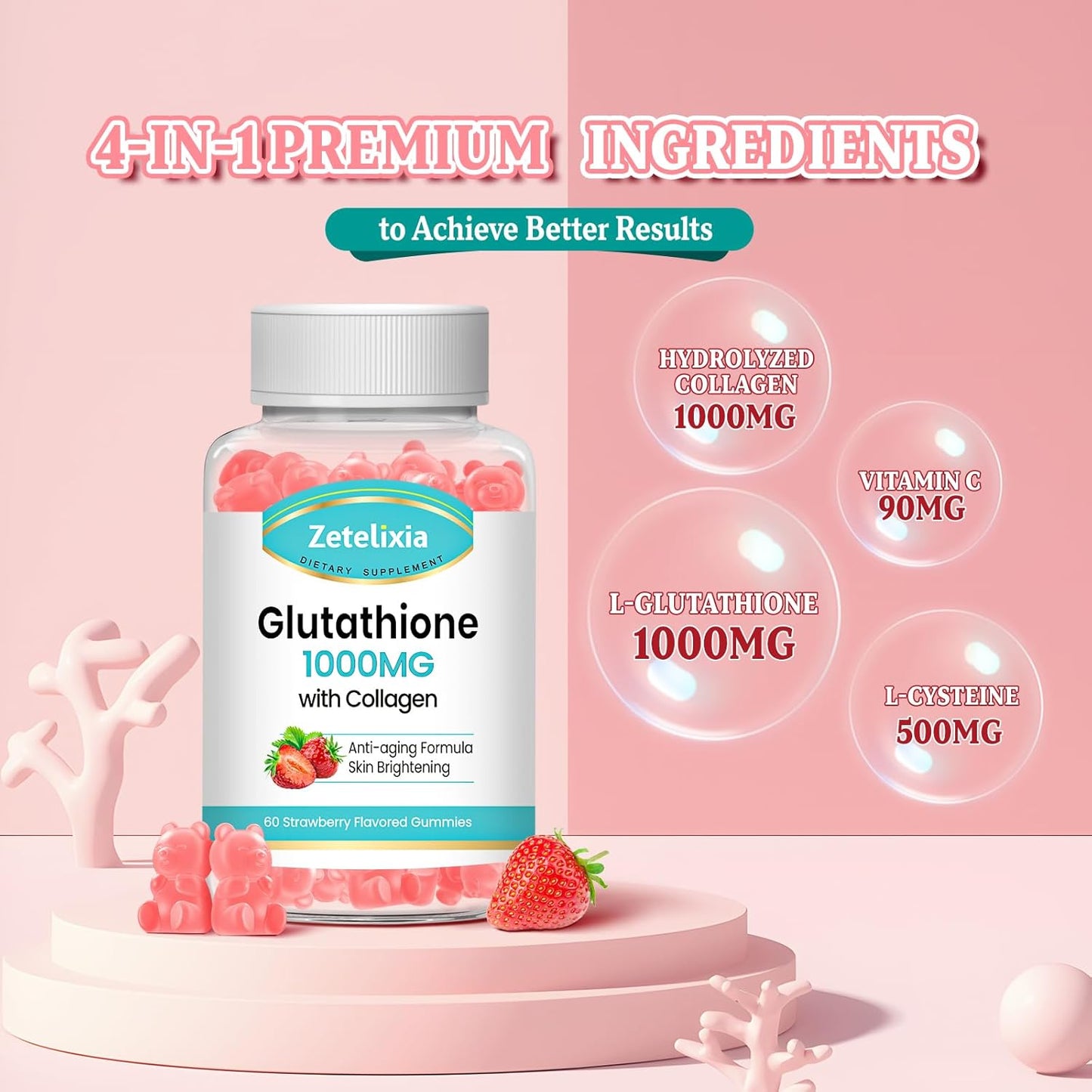 Vegan Glutathione Collagen Gummies with Vitamin C - Anti-Aging Supplement for Hair, Skin, Nails, Muscles & Joints - Strawberry Flavor, 120 Count