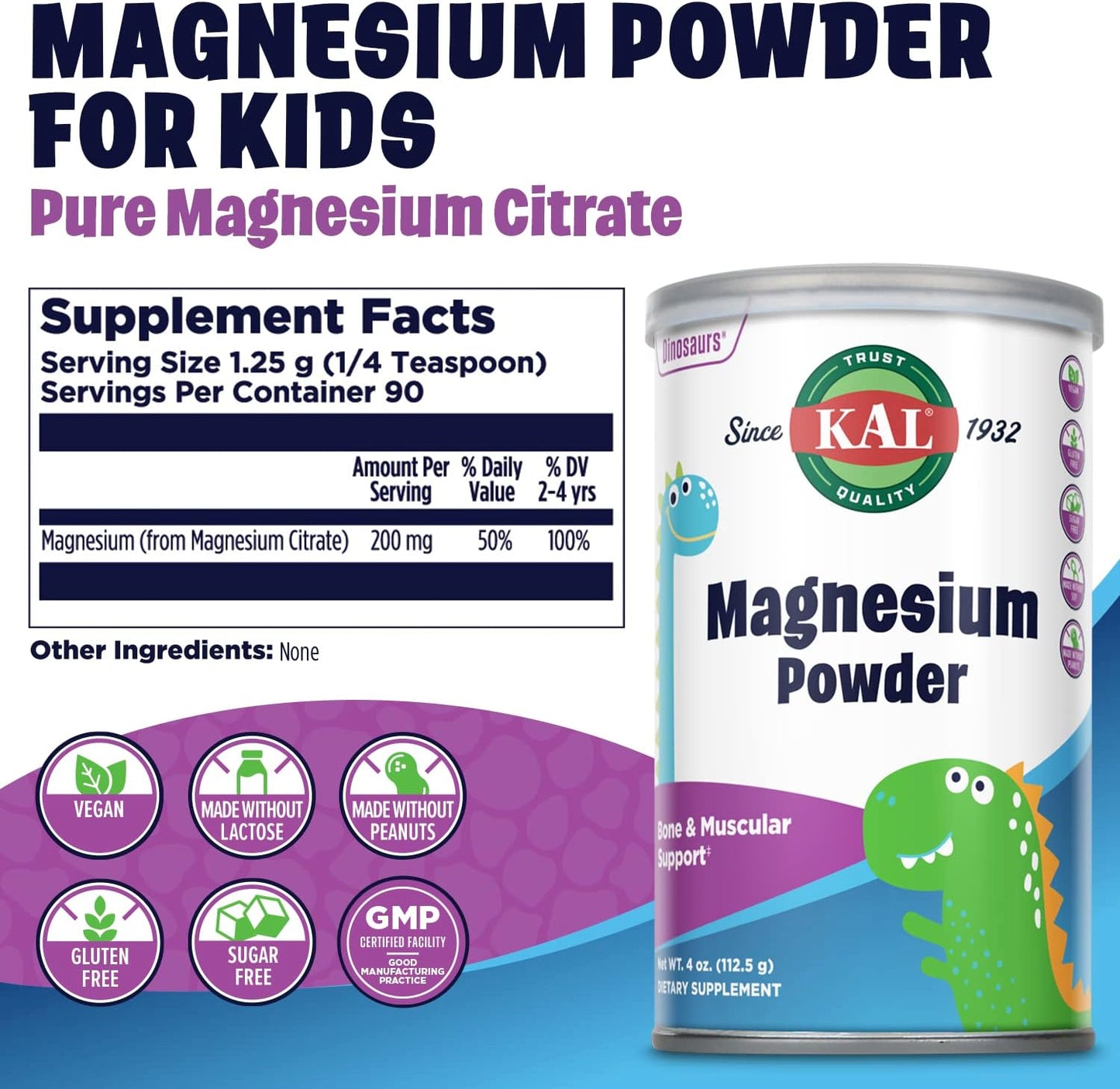 Vegan Gluten-Free Magnesium Citrate Powder for Kids, Healthy Bone & Nerve Support, 90 Servings, 4 oz