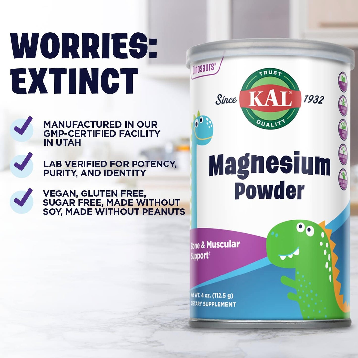 Vegan Gluten-Free Magnesium Citrate Powder for Kids, Healthy Bone & Nerve Support, 90 Servings, 4 oz