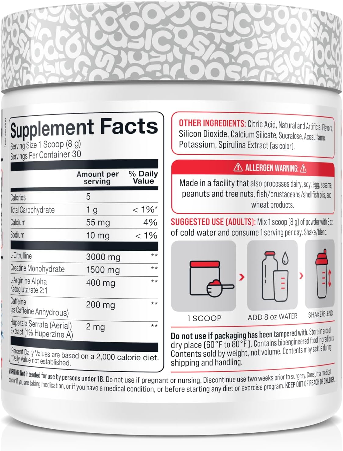 Vegan Gluten-Free Pre-Workout Supplement with Caffeine and Citrulline for Energy and Focus (30 Servings)