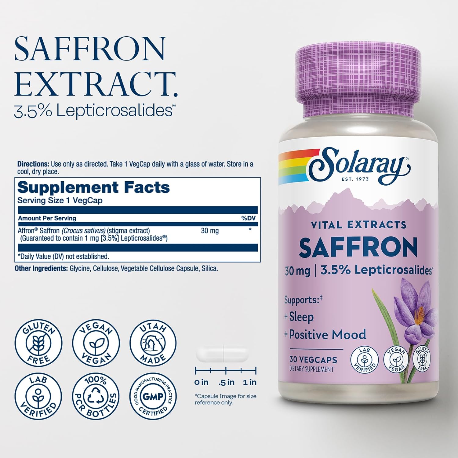 Vegan Gluten-Free Saffron Extract for Sleep and Mood Support - Lab Verified - 60-Day Guarantee - 30 Servings
