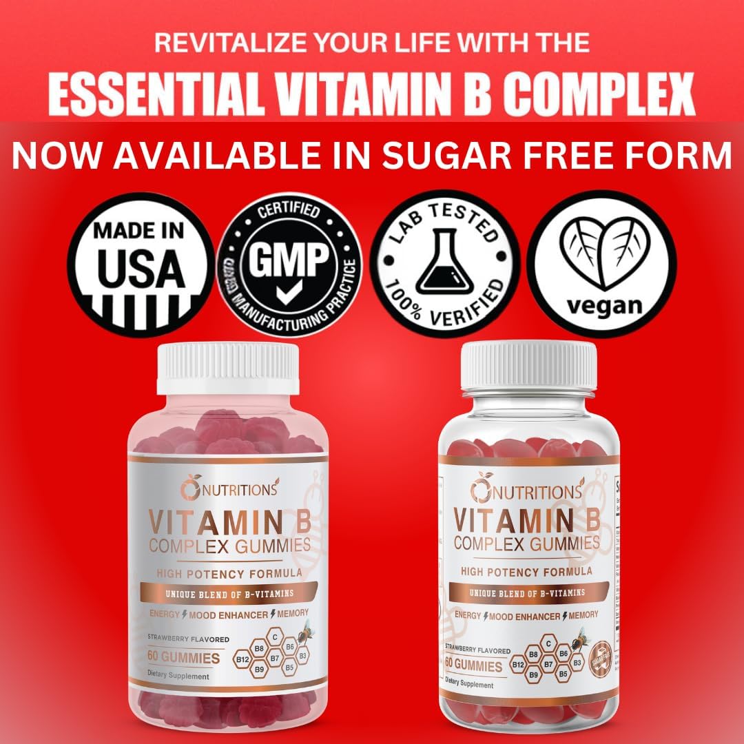 Vegan Gummies with Vitamin B Complex, B12, Biotin, Niacin, Folate - Stress Relief, Energy Boost, Immune Support - Sugar Free - 1 Pack