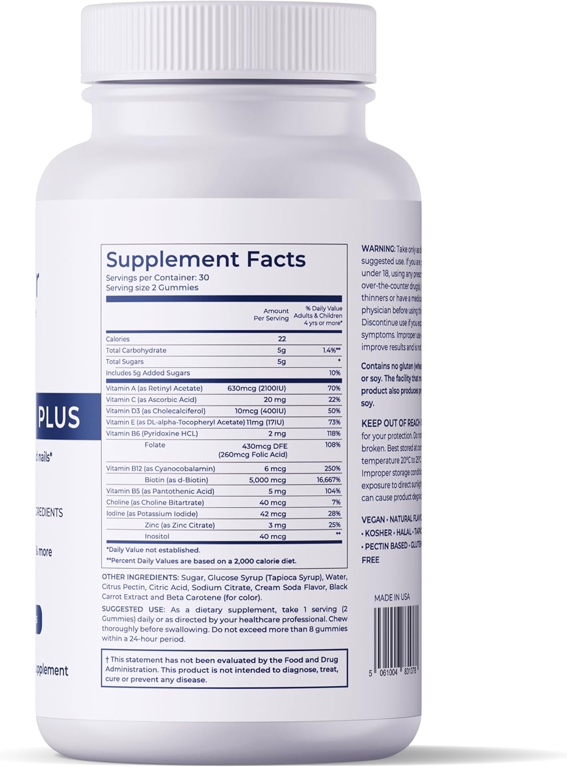 Vegan Hair Growth Gummies with Biotin & Zinc - Hair, Skin, Nails Support - 60 Count