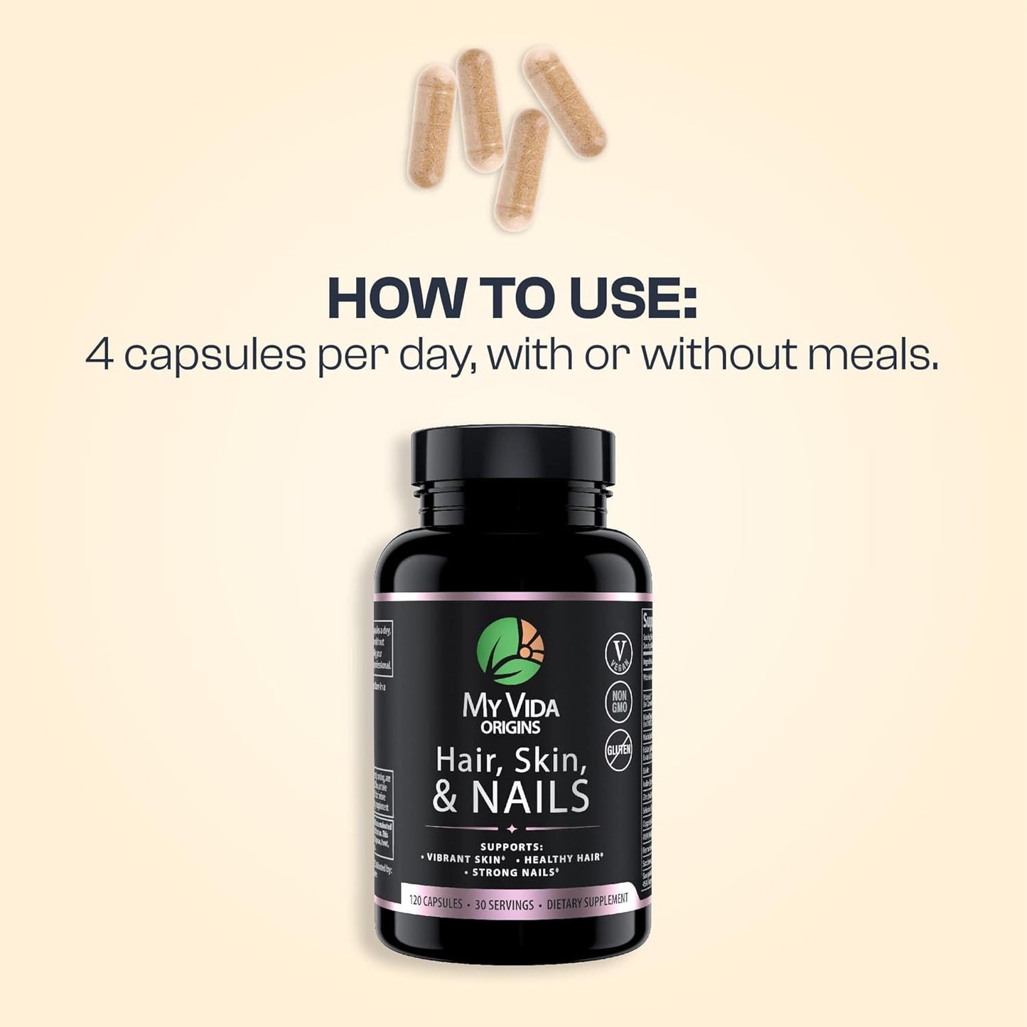 Vegan Hair Skin Nails Supplement | Supports Natural Beauty | Thicker Hair, Stronger Nails, Vibrant Skin | With Zinc, Biotin, Vitamin E | 120 Capsules