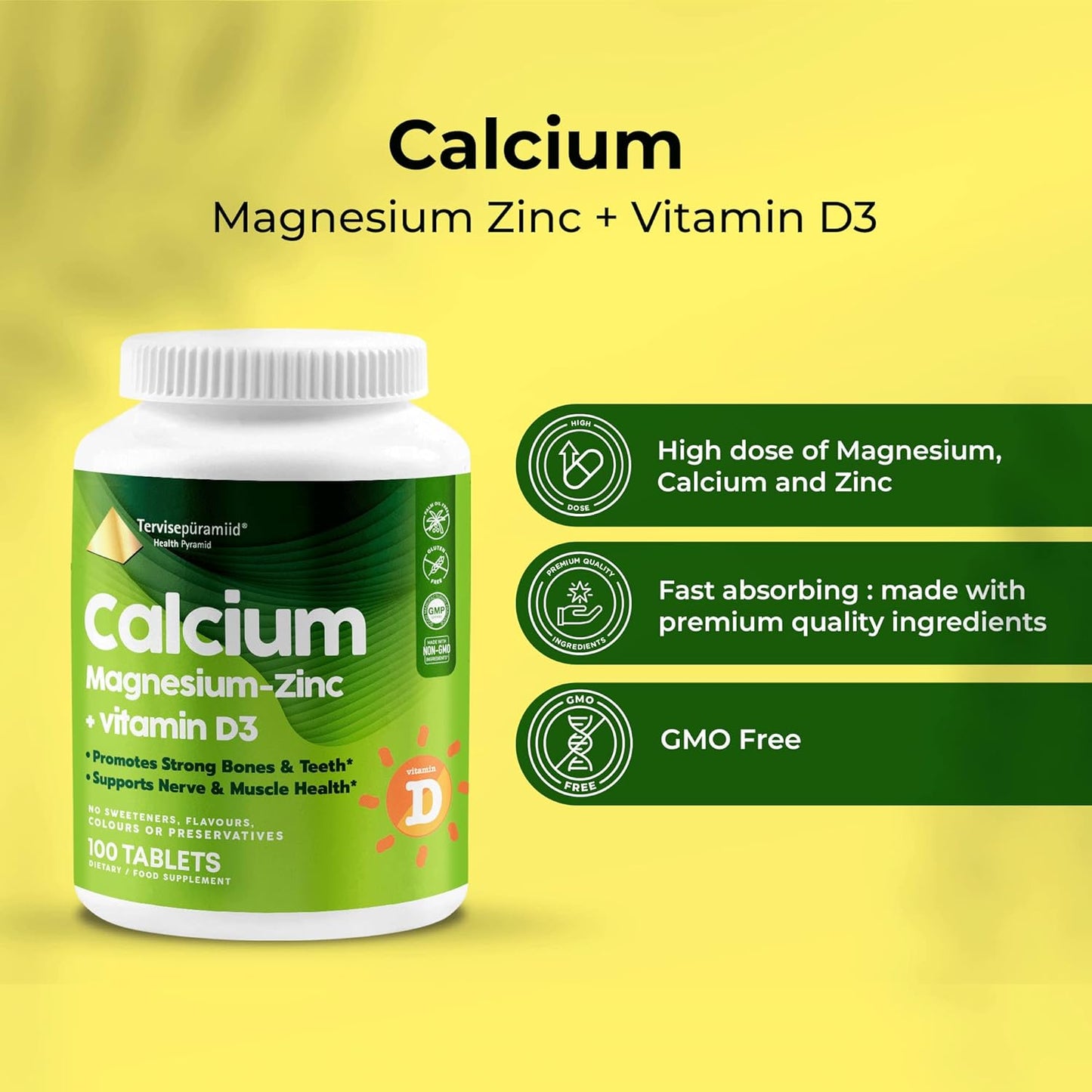 Vegan Health Pyramid Calcium Magnesium Zinc with Vitamin D3 Tablets for Strong Bones and Nerves