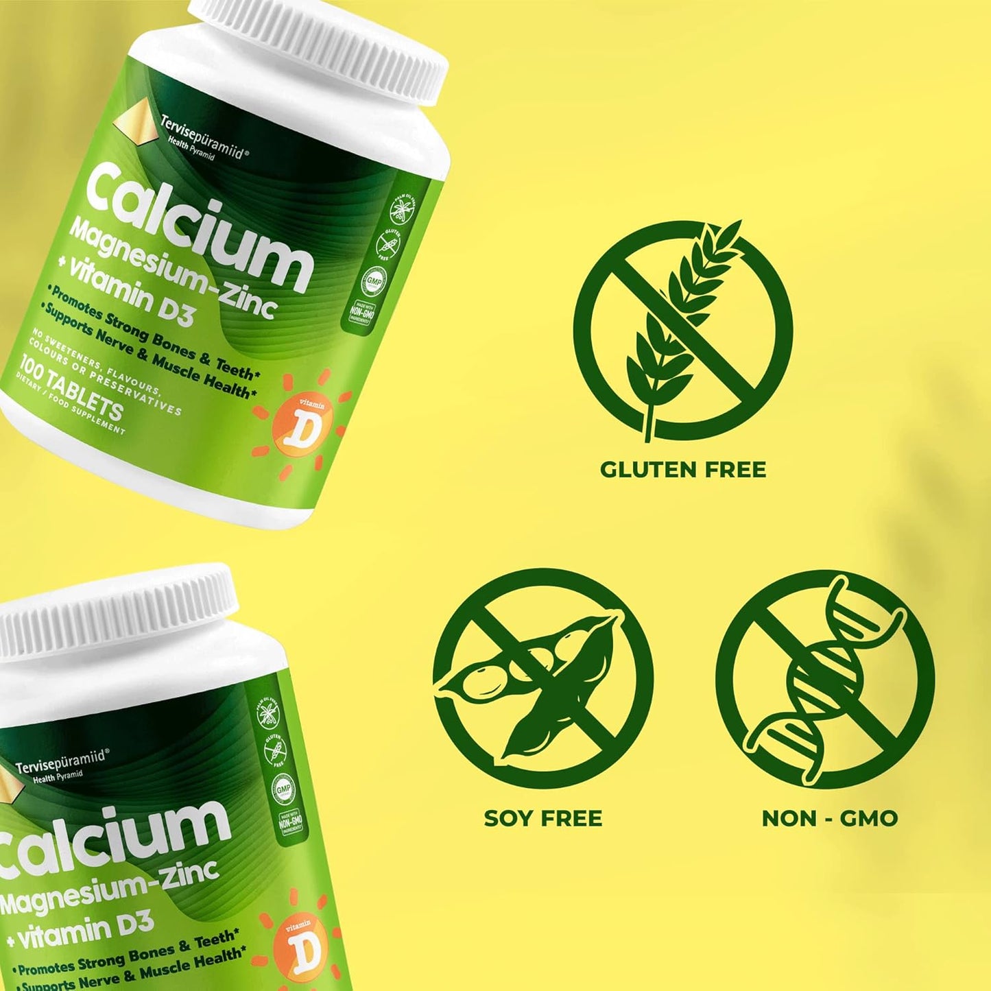 Vegan Health Pyramid Calcium Magnesium Zinc with Vitamin D3 Tablets for Strong Bones and Nerves