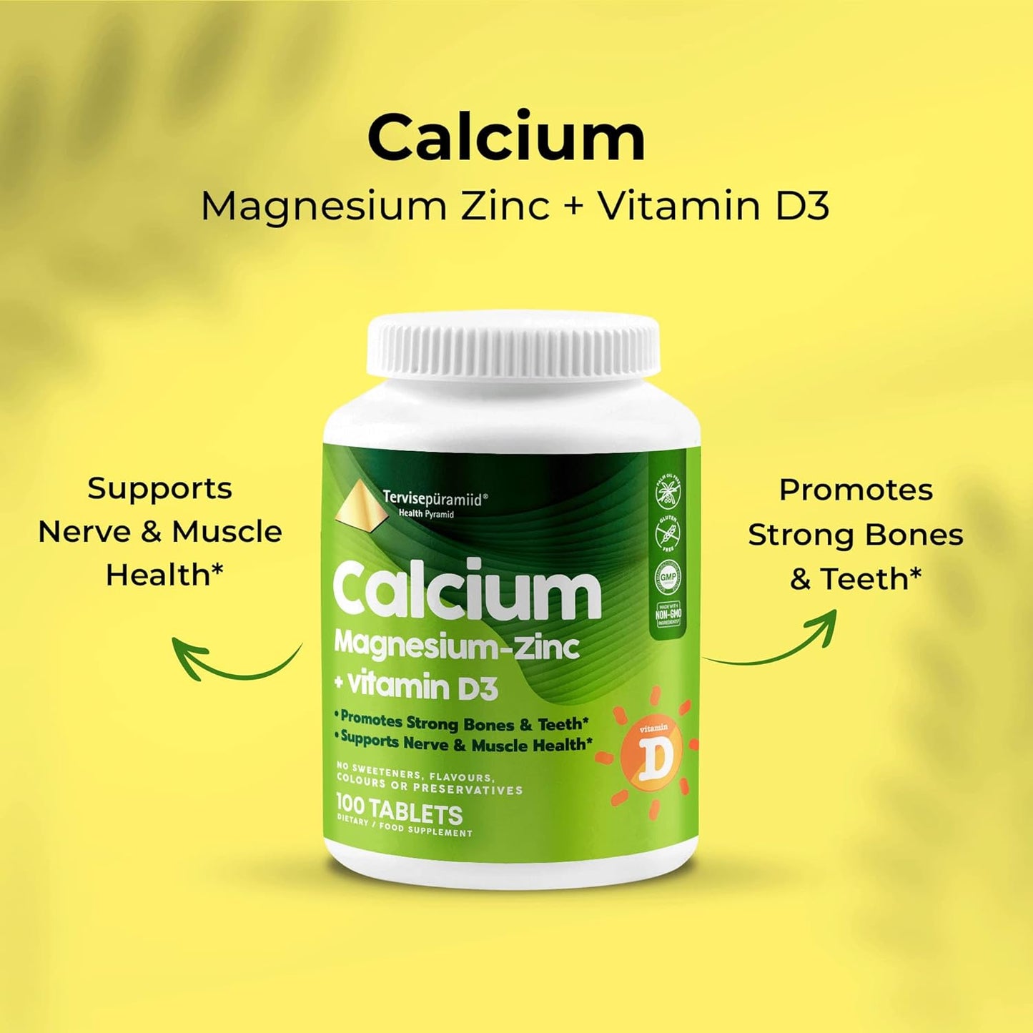 Vegan Health Pyramid Calcium Magnesium Zinc with Vitamin D3 Tablets for Strong Bones and Nerves