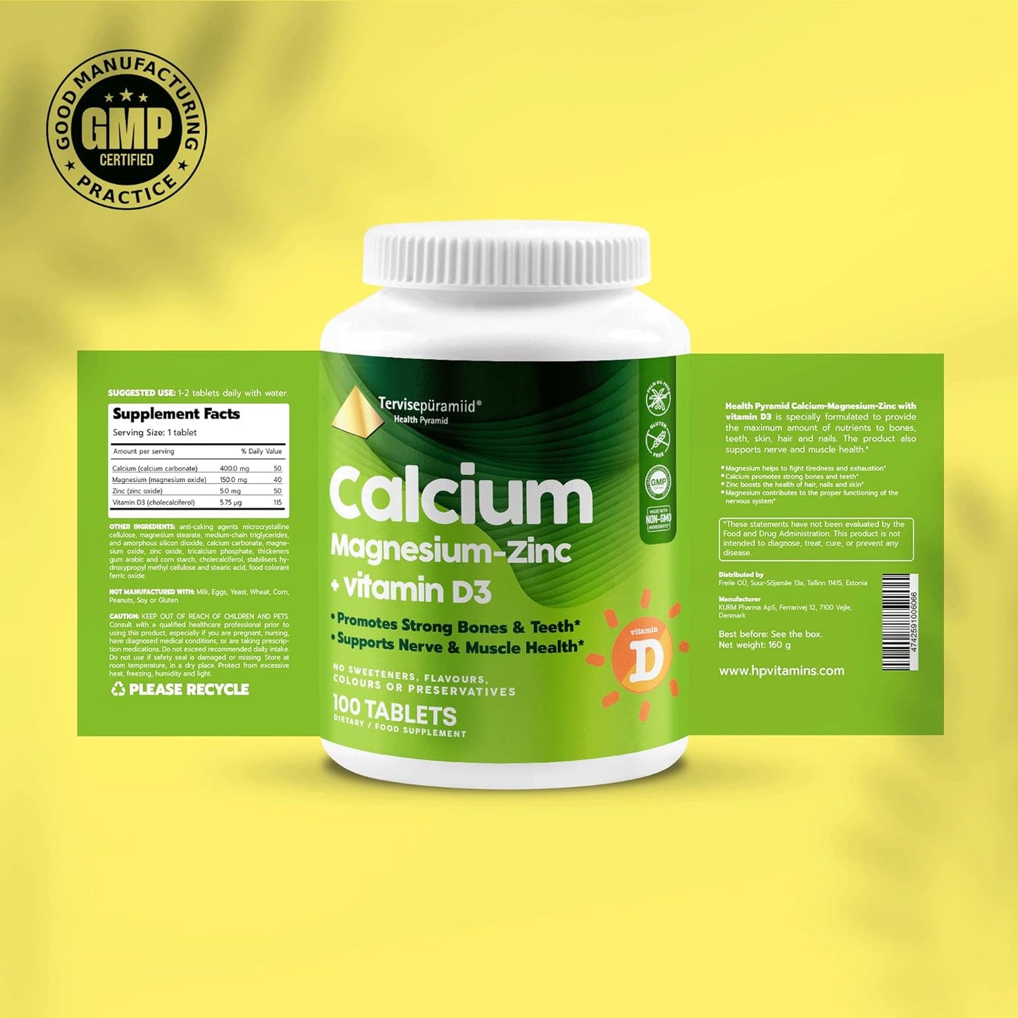 Vegan Health Pyramid Calcium Magnesium Zinc with Vitamin D3 Tablets for Strong Bones and Nerves