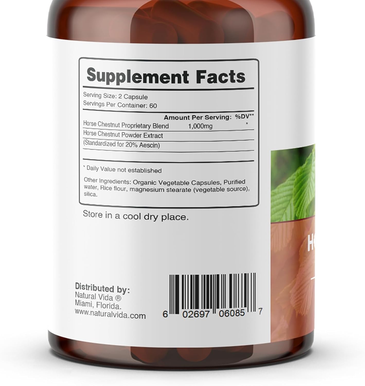 Vegan Horse Chestnut Extract Capsules 1000mg - Aescin 20% Herbal Supplement - Non-GMO, Gluten Free - Two Months Supply (120 Count)