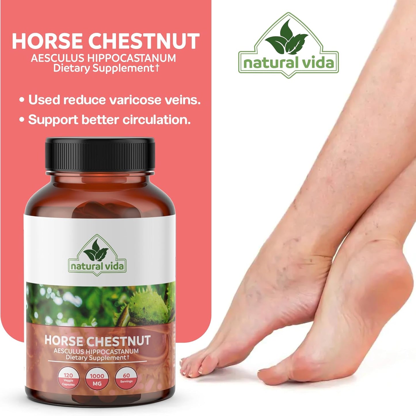 Vegan Horse Chestnut Extract Capsules 1000mg - Aescin 20% Herbal Supplement - Non-GMO, Gluten Free - Two Months Supply (120 Count)