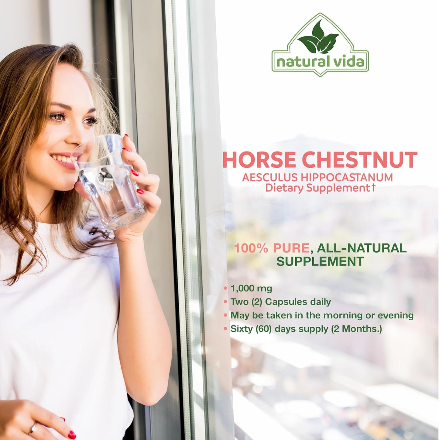 Vegan Horse Chestnut Extract Capsules 1000mg - Aescin 20% Herbal Supplement - Non-GMO, Gluten Free - Two Months Supply (120 Count)