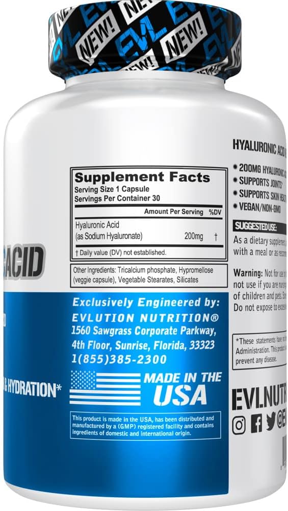 Vegan Hyaluronic Acid Supplement Capsules - 200mg High Potency Dry Skin Nutrition for Women and Men - Bioavailable Non GMO Formula - Itchy Skin Relief