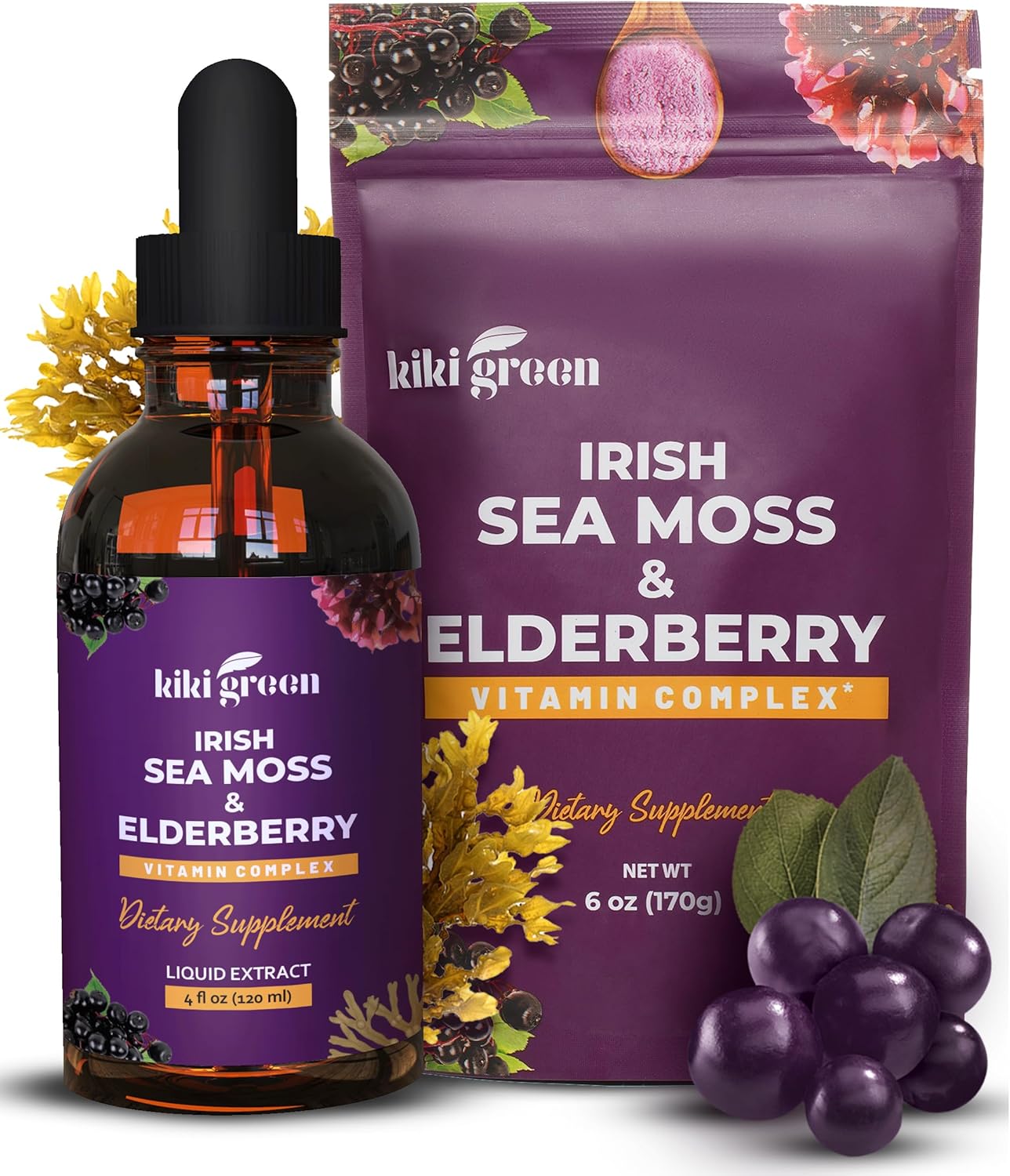 Vegan Immune Support Bundle with Green Sea Moss, Elderberry Powder & Liquid Drops - Immunity & Energy Boost - 6 oz Sea Moss, 2 oz Drops