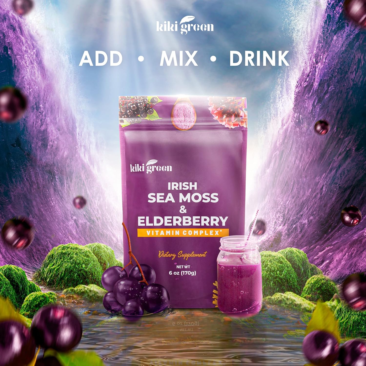 Vegan Immune Support Bundle with Green Sea Moss, Elderberry Powder & Liquid Drops - Immunity & Energy Boost - 6 oz Sea Moss, 2 oz Drops