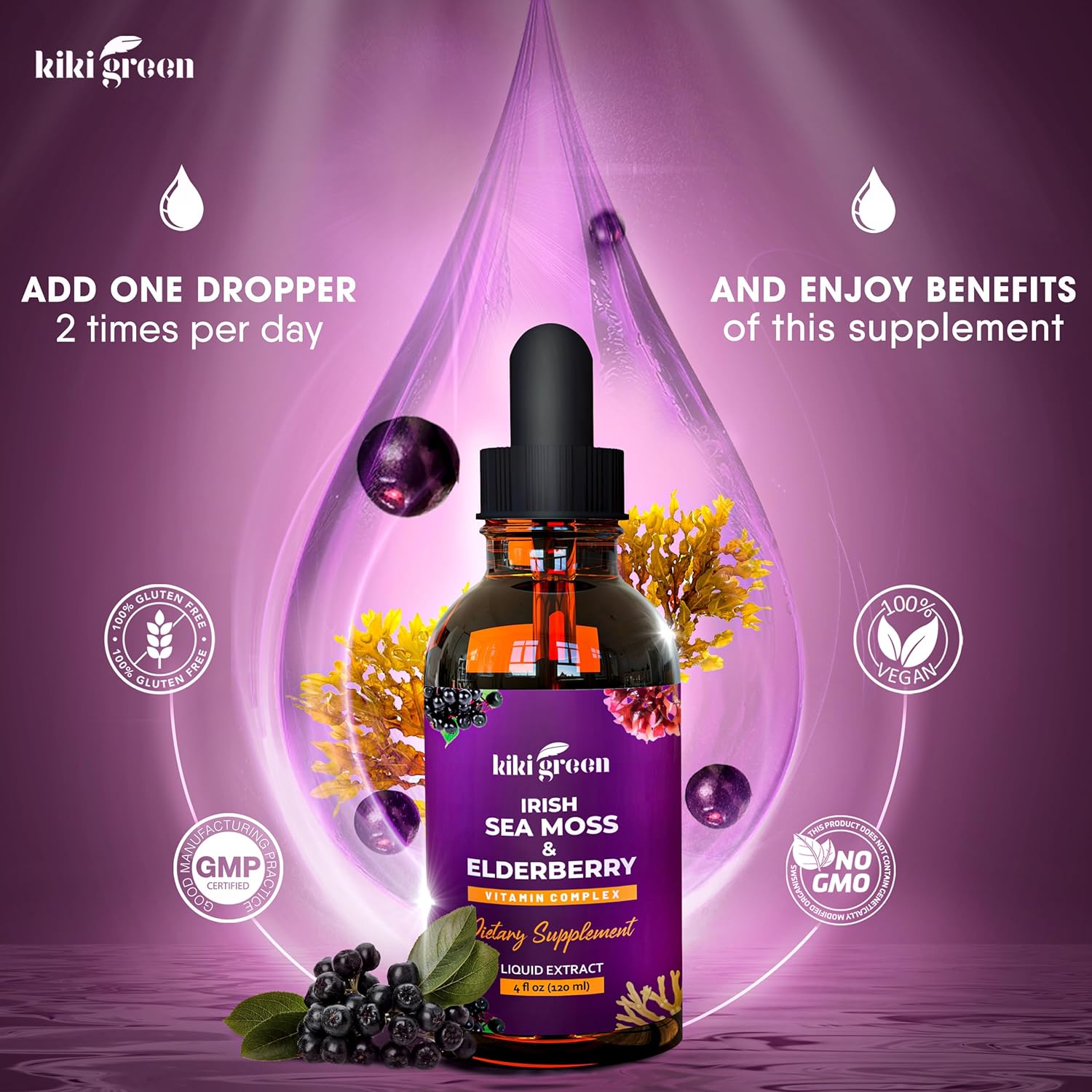 Vegan Immune Support Bundle with Green Sea Moss, Elderberry Powder & Liquid Drops - Immunity & Energy Boost - 6 oz Sea Moss, 2 oz Drops