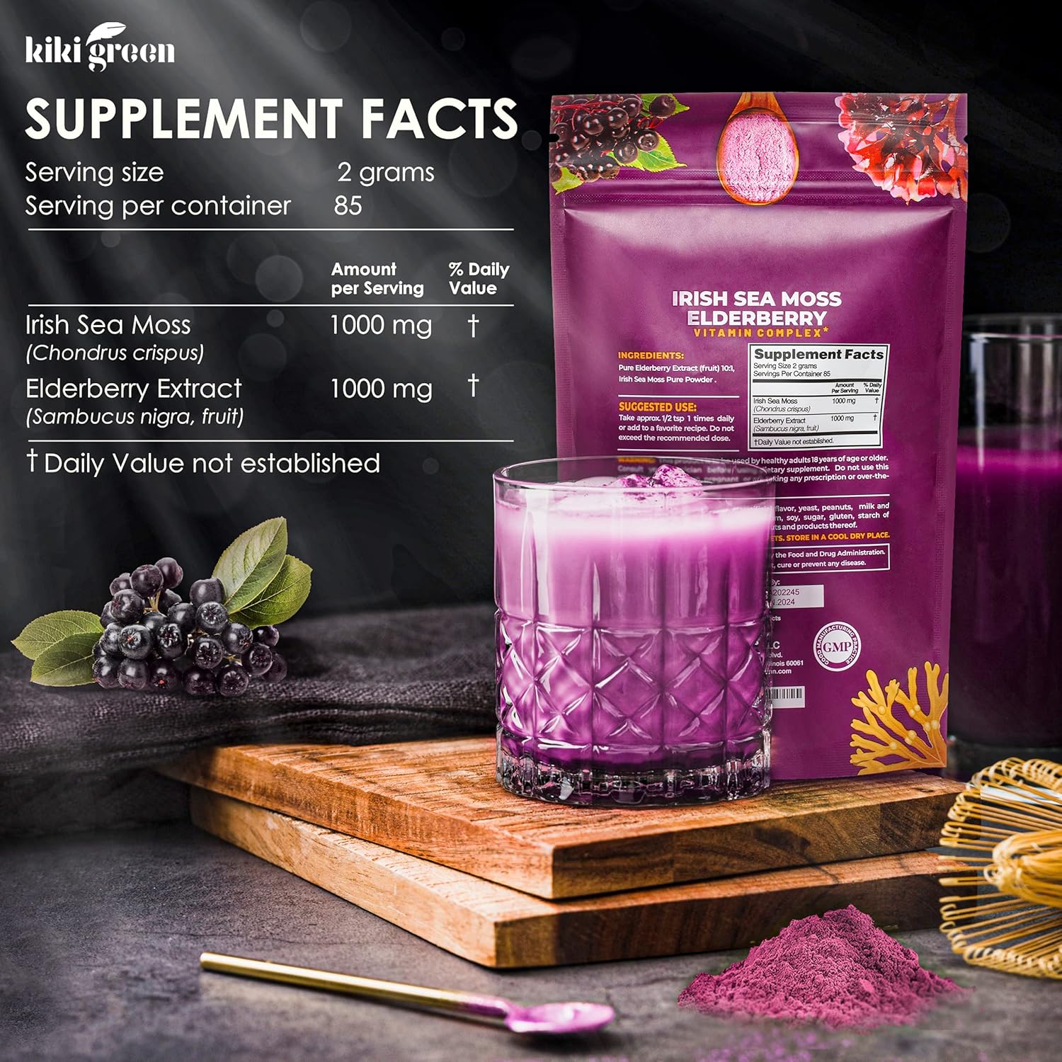 Vegan Immune Support Bundle with Green Sea Moss, Elderberry Powder & Liquid Drops - Immunity & Energy Boost - 6 oz Sea Moss, 2 oz Drops