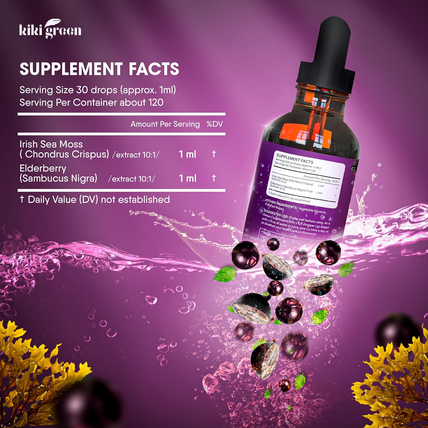 Vegan Immune Support Bundle with Green Sea Moss, Elderberry Powder & Liquid Drops - Immunity & Energy Boost - 6 oz Sea Moss, 2 oz Drops