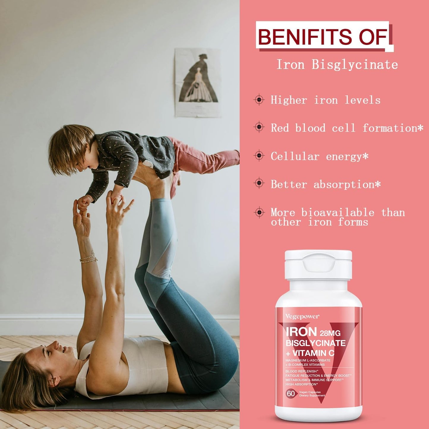 Vegan Iron Bisglycinate Supplement with Vitamin C & Folic Acid for Women - High Absorption Iron Pills for Anemia & Energy Support - Gluten-Free, Non-GMO - 60 Capsules