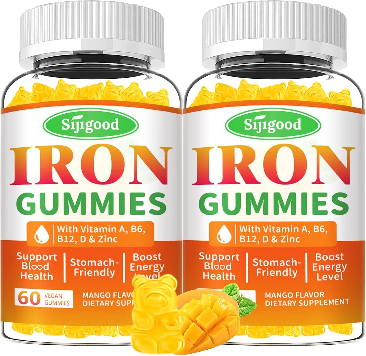 Vegan Iron Gummies 2 Pack for Anemia & Energy Boost - Iron Supplement with Vitamin B12, C, Zinc - 120 Count Sugar-Free Mango Flavor